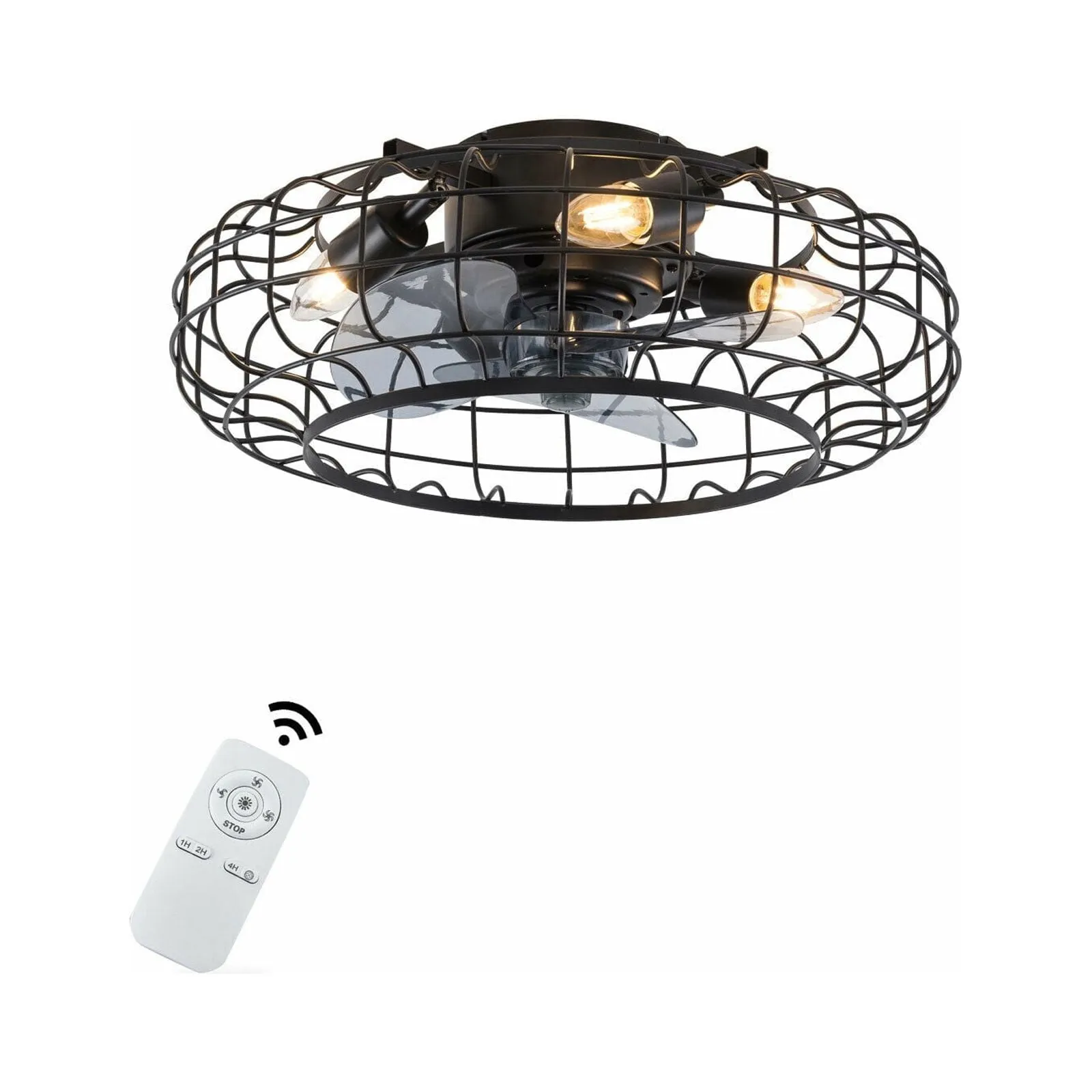 18' Caged Ceiling Fans with Lights Remote Control Low Profile Caged Bladeless