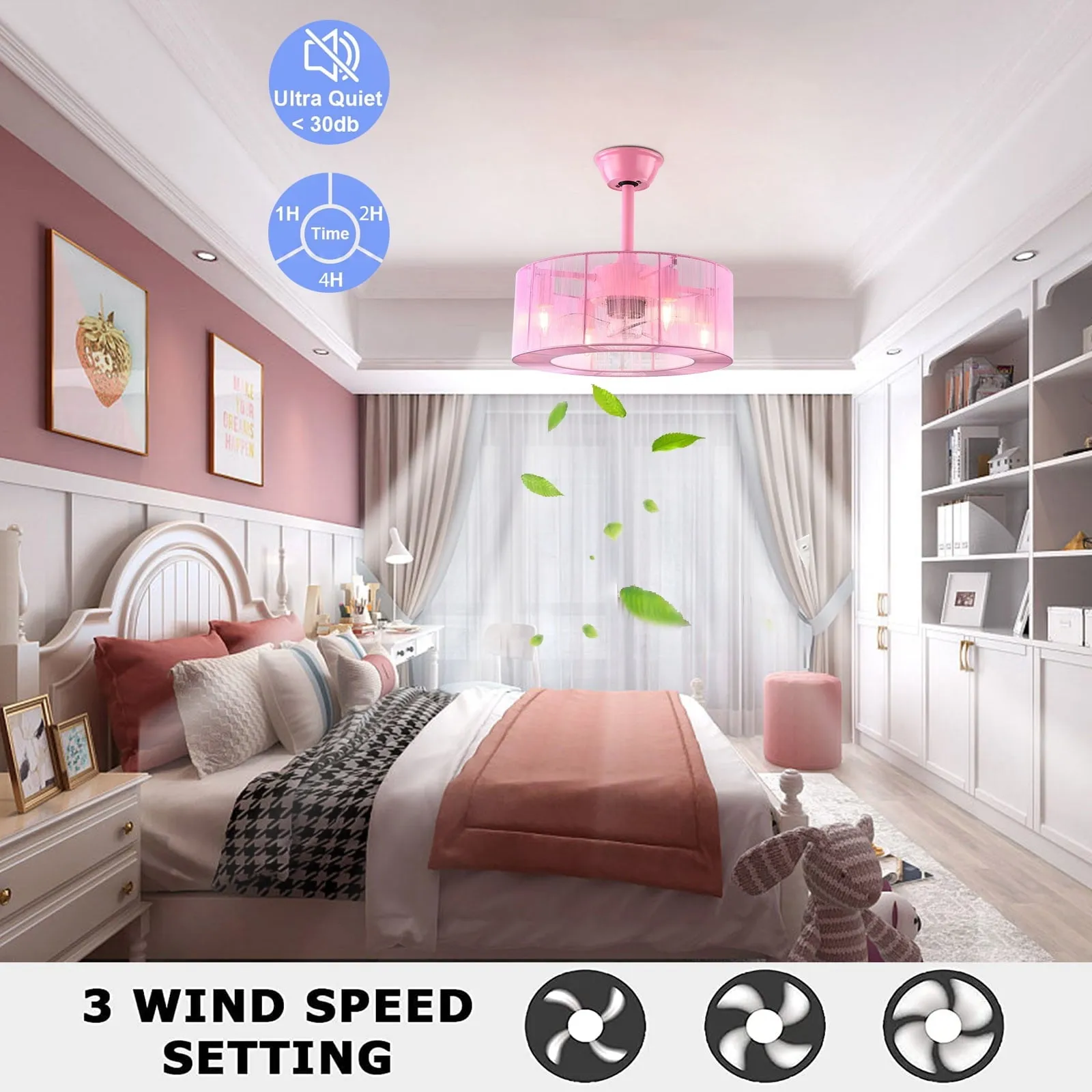 18 inch Modern Industrial Bladeless 3 Wind Speed 3 Blades Down Rod Ceiling Fan with Caged Mesh Shade, Chandelier Ceiling Fan with Light and Remote Control Pink