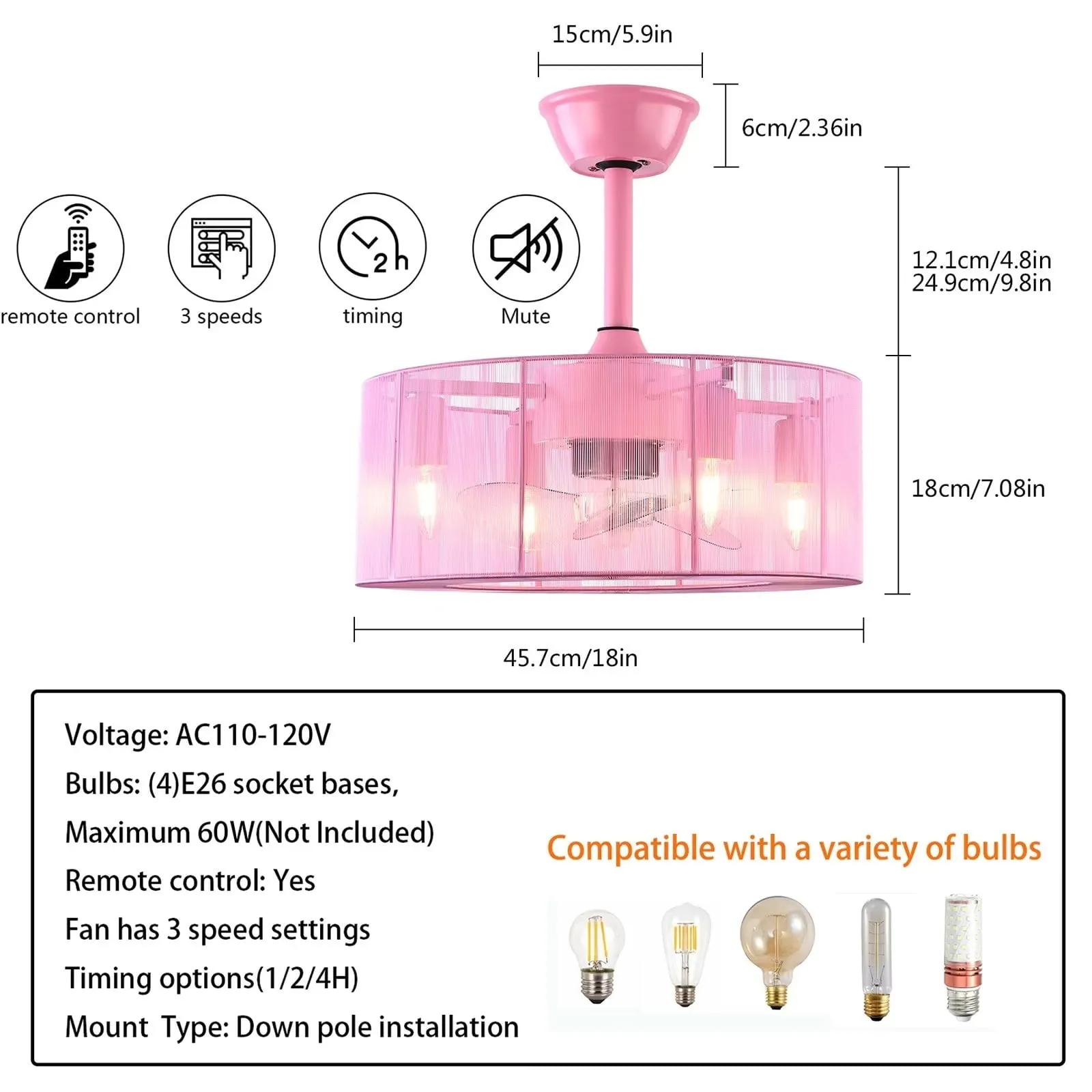 18 inch Modern Industrial Bladeless 3 Wind Speed 3 Blades Down Rod Ceiling Fan with Caged Mesh Shade, Chandelier Ceiling Fan with Light and Remote Control Pink
