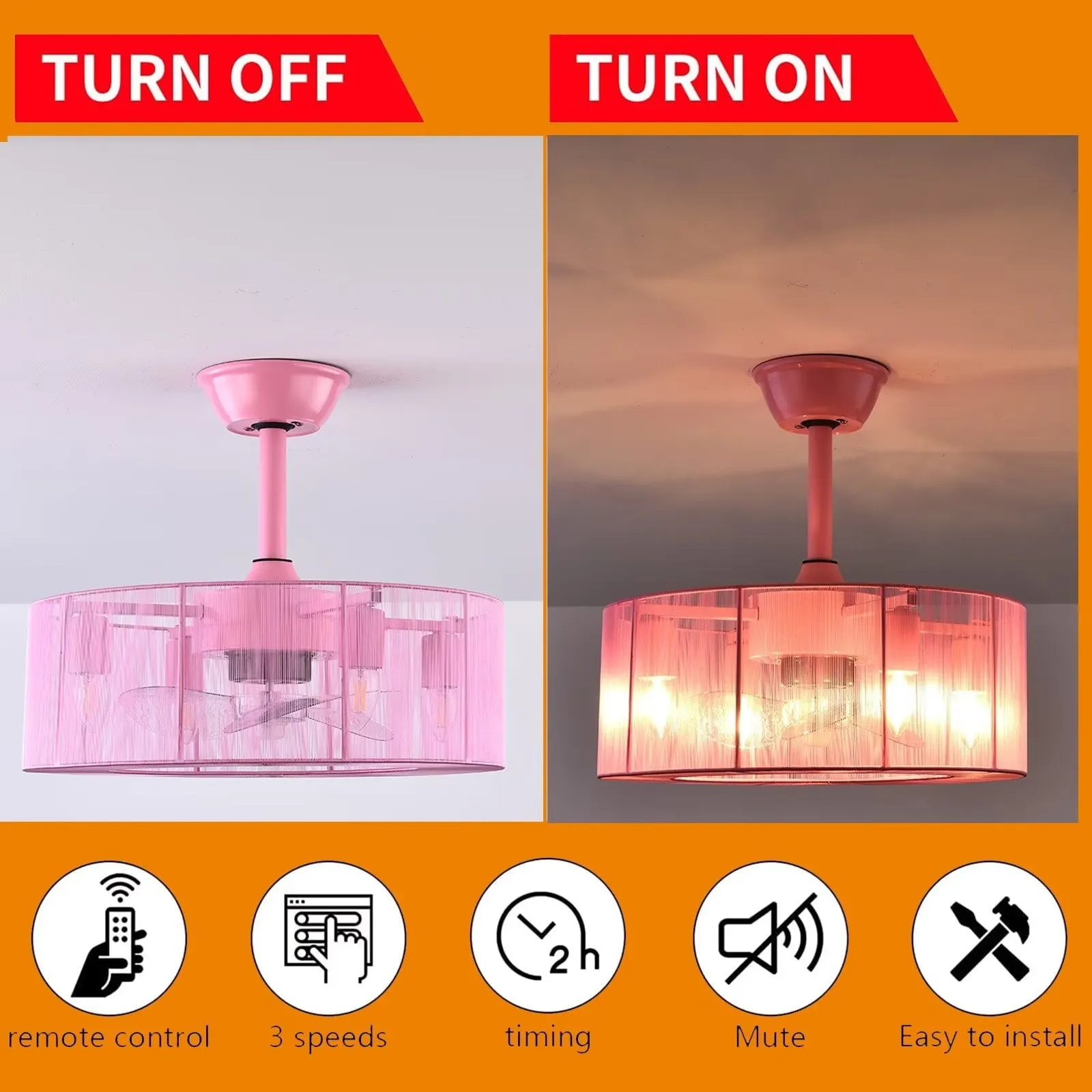 18 inch Modern Industrial Bladeless 3 Wind Speed 3 Blades Down Rod Ceiling Fan with Caged Mesh Shade, Chandelier Ceiling Fan with Light and Remote Control Pink