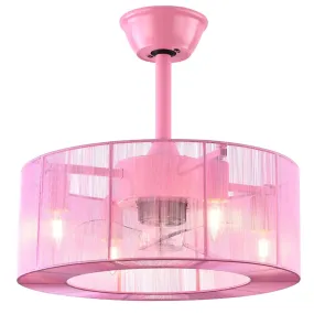 18 inch Modern Industrial Bladeless 3 Wind Speed 3 Blades Down Rod Ceiling Fan with Caged Mesh Shade, Chandelier Ceiling Fan with Light and Remote Control Pink