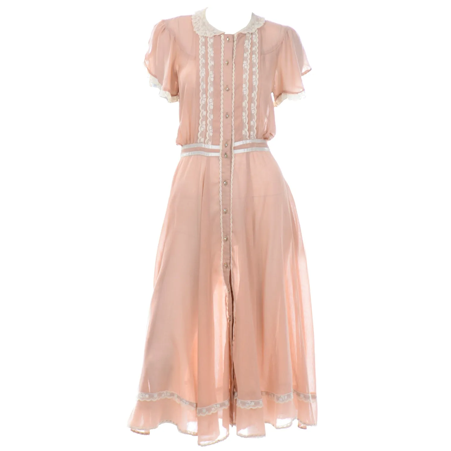 1970s Gunne Sax Vintage Peach Dress With Lace Trim & Rhinestone Buttons