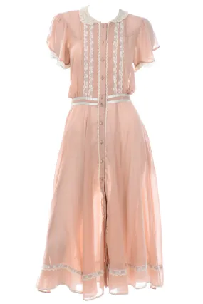 1970s Gunne Sax Vintage Peach Dress With Lace Trim & Rhinestone Buttons