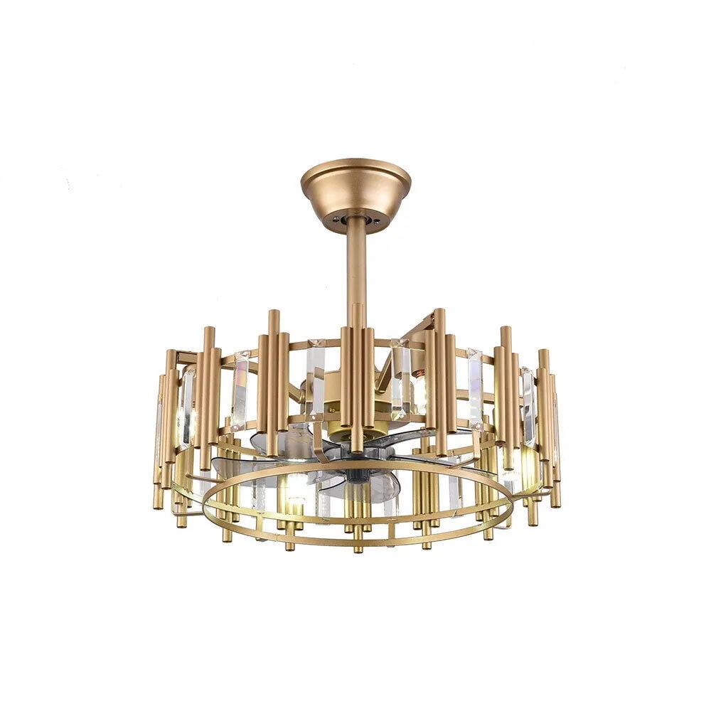 20' Champagne Gold Ceiling Fan with LED Light Remote control, 3-Speed Quiet Enclosed Fandelier Gold Caged Crystal Ceiling Fan