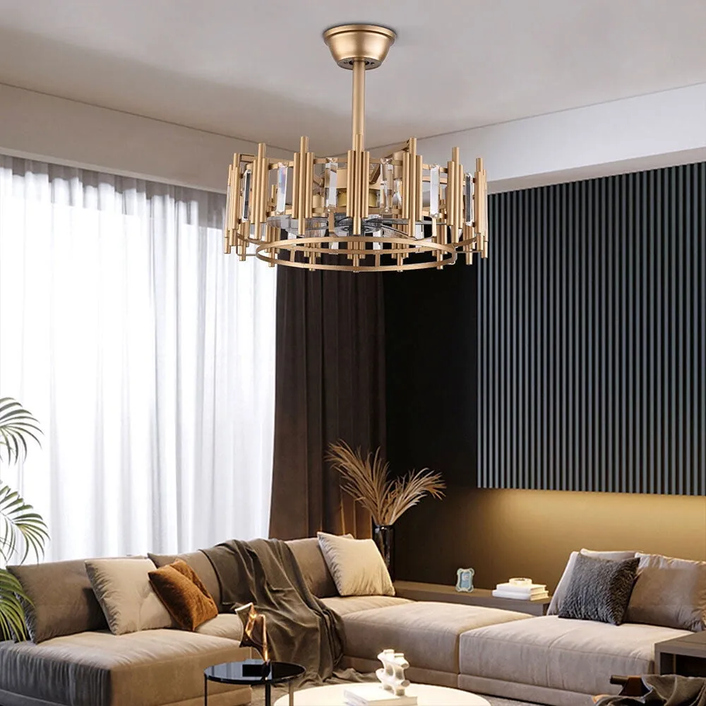 20' Champagne Gold Ceiling Fan with LED Light Remote control, 3-Speed Quiet Enclosed Fandelier Gold Caged Crystal Ceiling Fan