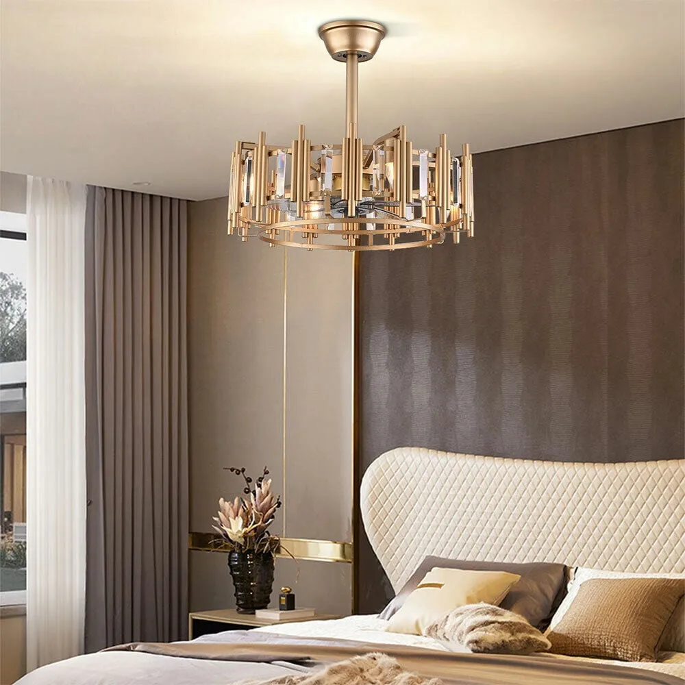 20' Champagne Gold Ceiling Fan with LED Light Remote control, 3-Speed Quiet Enclosed Fandelier Gold Caged Crystal Ceiling Fan