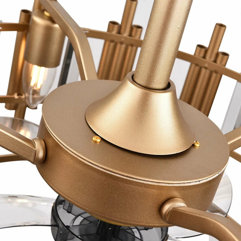 20' Champagne Gold Ceiling Fan with LED Light Remote control, 3-Speed Quiet Enclosed Fandelier Gold Caged Crystal Ceiling Fan