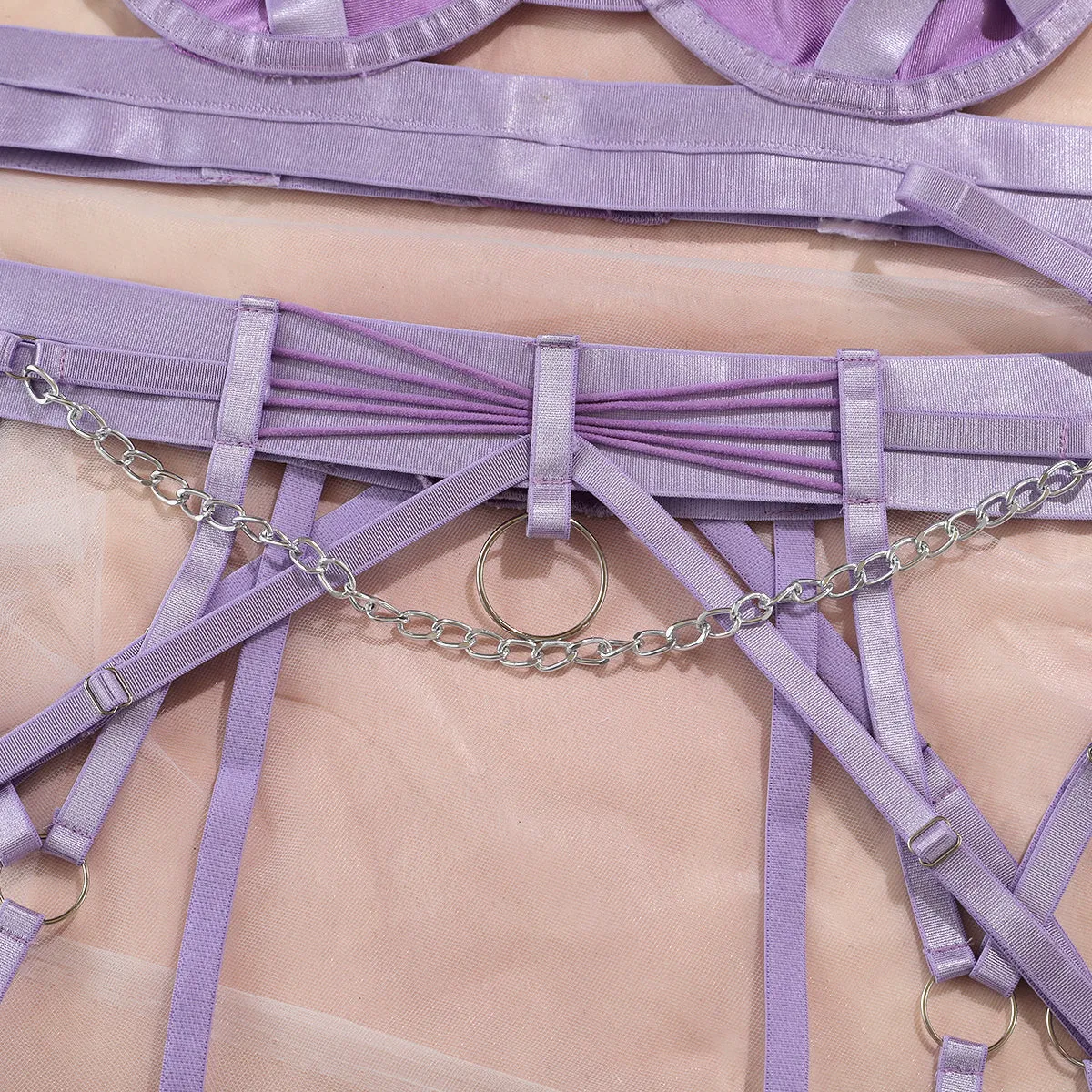 BerriesJam - 3-Piece Halter Patchwork Lingerie Luxury Chain Exotic Set