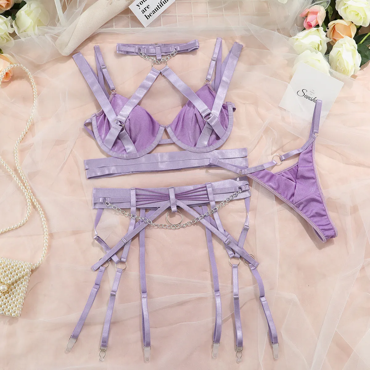 BerriesJam - 3-Piece Halter Patchwork Lingerie Luxury Chain Exotic Set