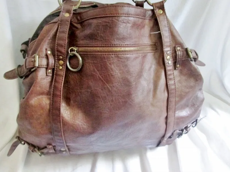 BIG BUDDHA Vegan Faux Leather Shoulder Bag Tote Handbag Satchel Hobo BROWN XL