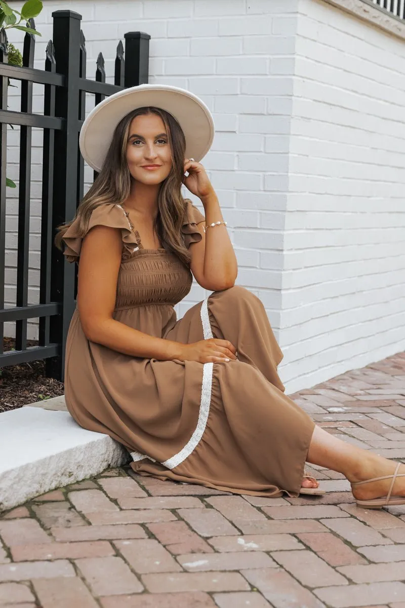 Brown Contrast Flutter Sleeve Midi Dress