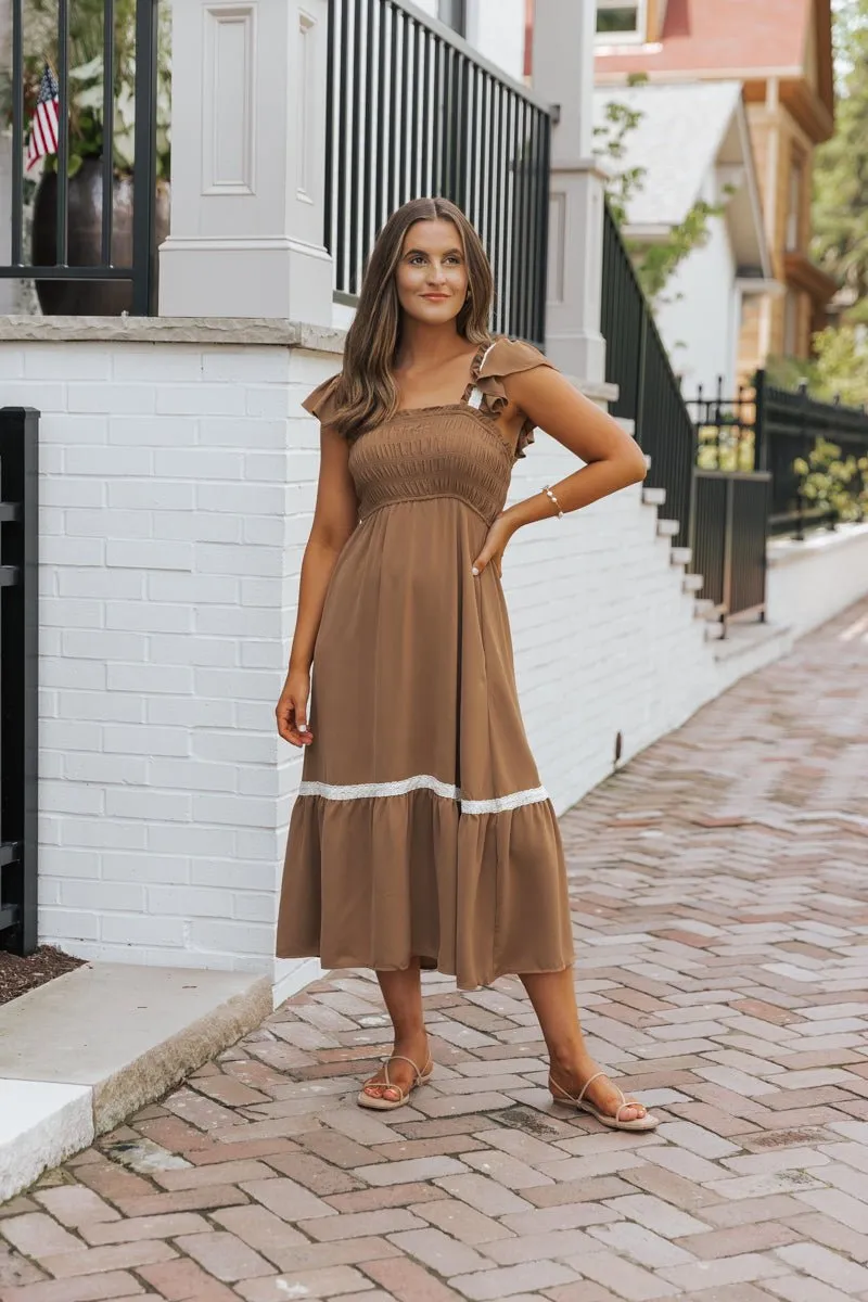 Brown Contrast Flutter Sleeve Midi Dress
