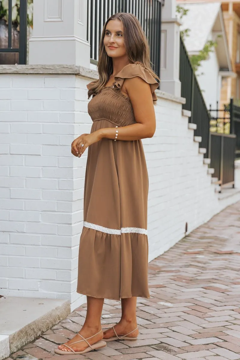 Brown Contrast Flutter Sleeve Midi Dress