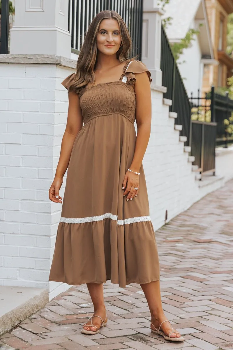 Brown Contrast Flutter Sleeve Midi Dress
