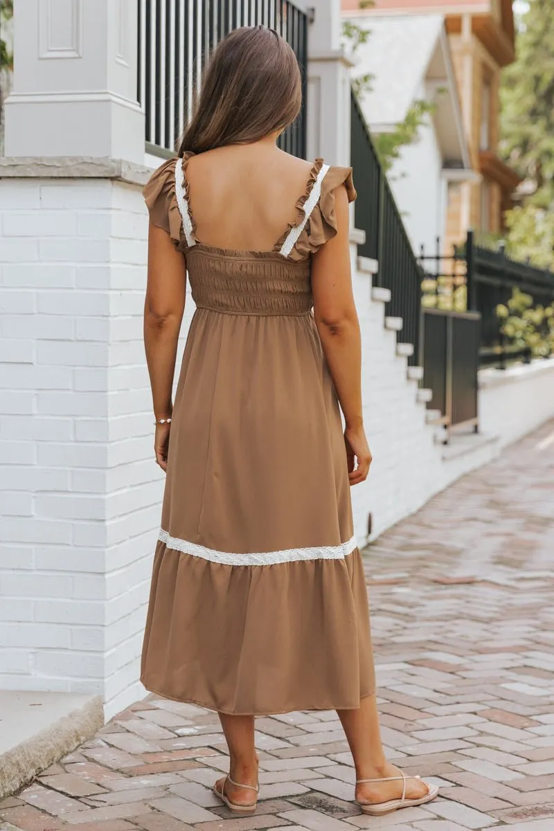 Brown Contrast Flutter Sleeve Midi Dress