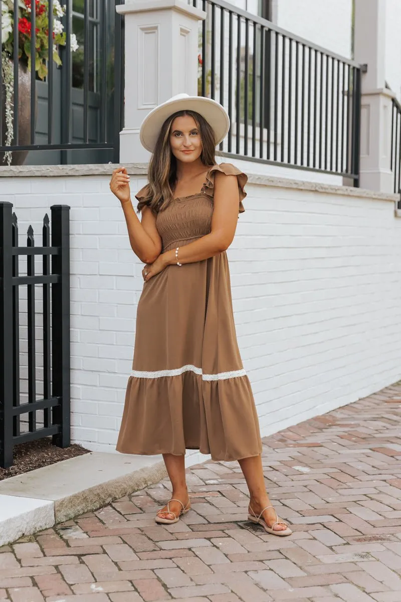 Brown Contrast Flutter Sleeve Midi Dress