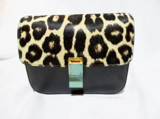 CELINE MEDIUM FLAP BAG Leather LEOPARD BLACK Purse NWT
