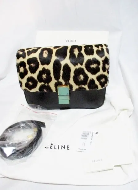 CELINE MEDIUM FLAP BAG Leather LEOPARD BLACK Purse NWT