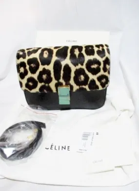 CELINE MEDIUM FLAP BAG Leather LEOPARD BLACK Purse NWT