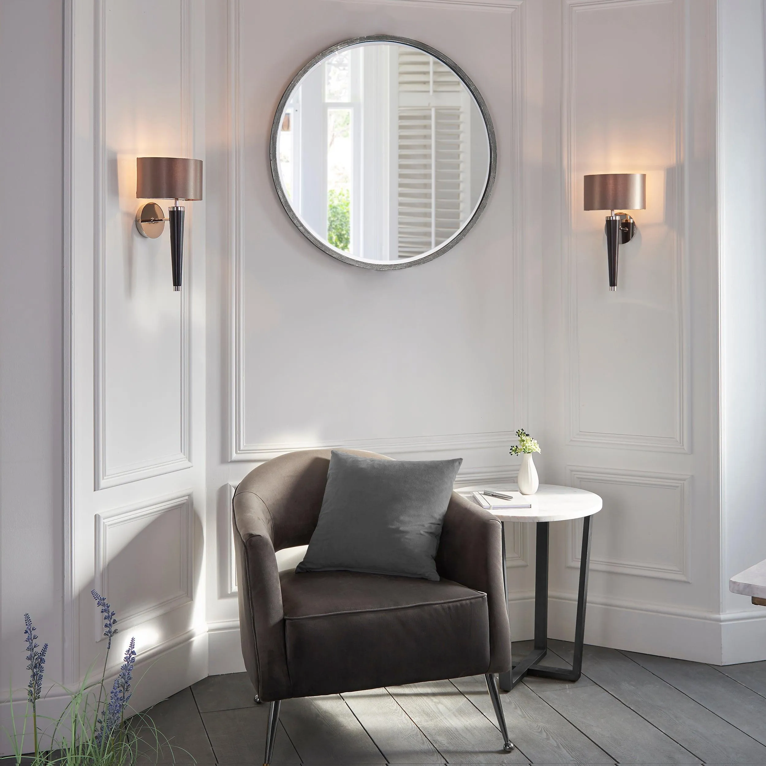 Corvina Walnut Effect Wood And Mink Faux Silk Wall Light