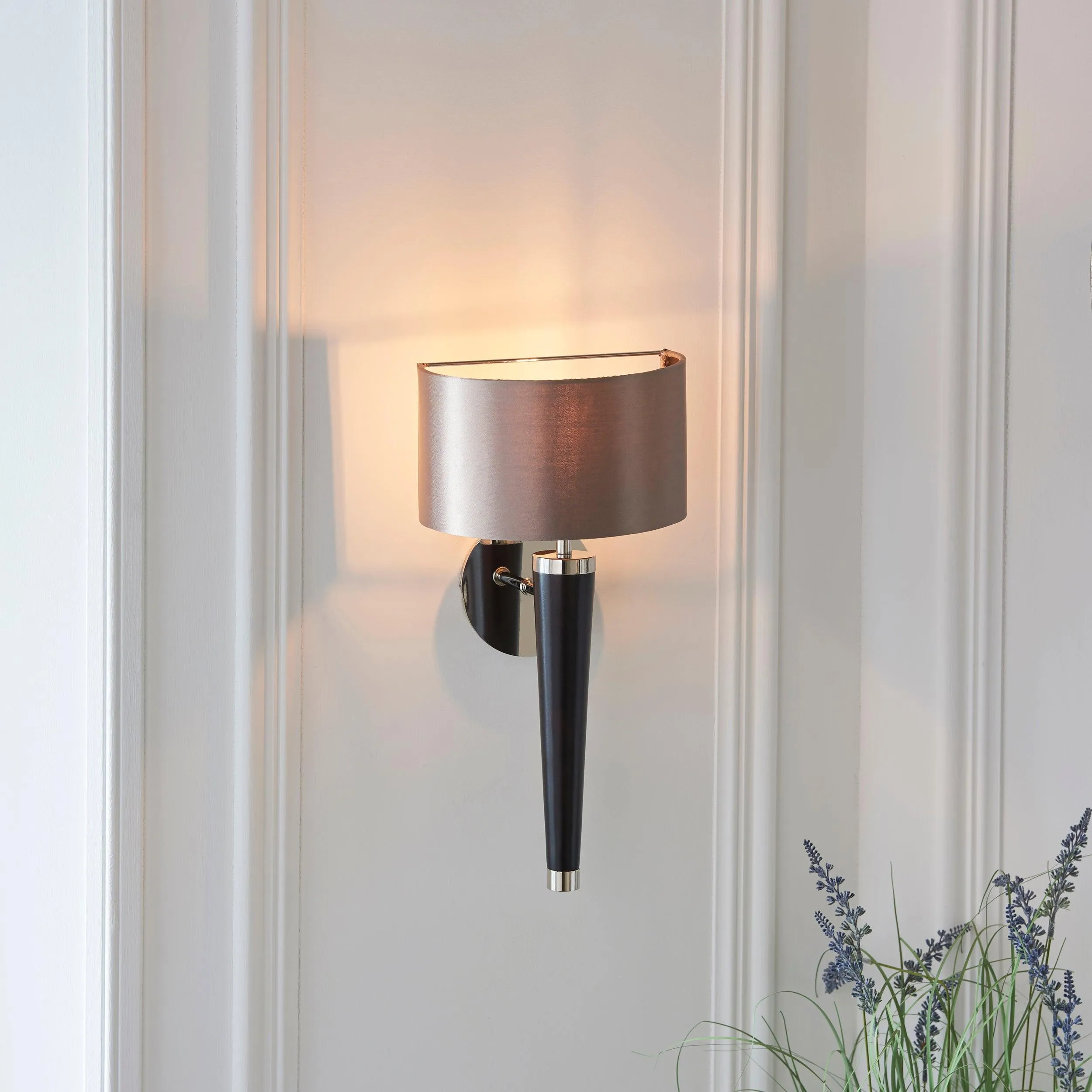 Corvina Walnut Effect Wood And Mink Faux Silk Wall Light
