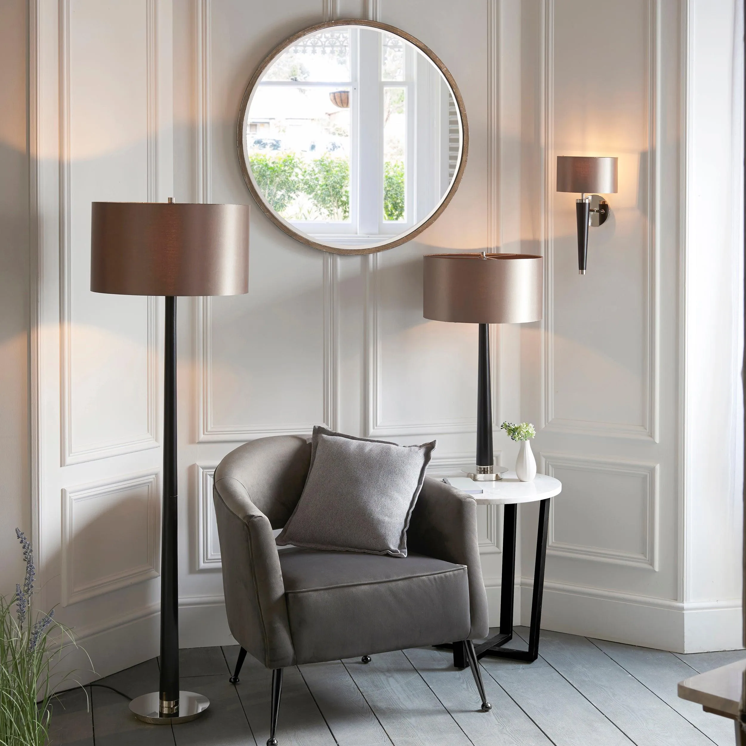 Corvina Walnut Effect Wood And Mink Faux Silk Wall Light
