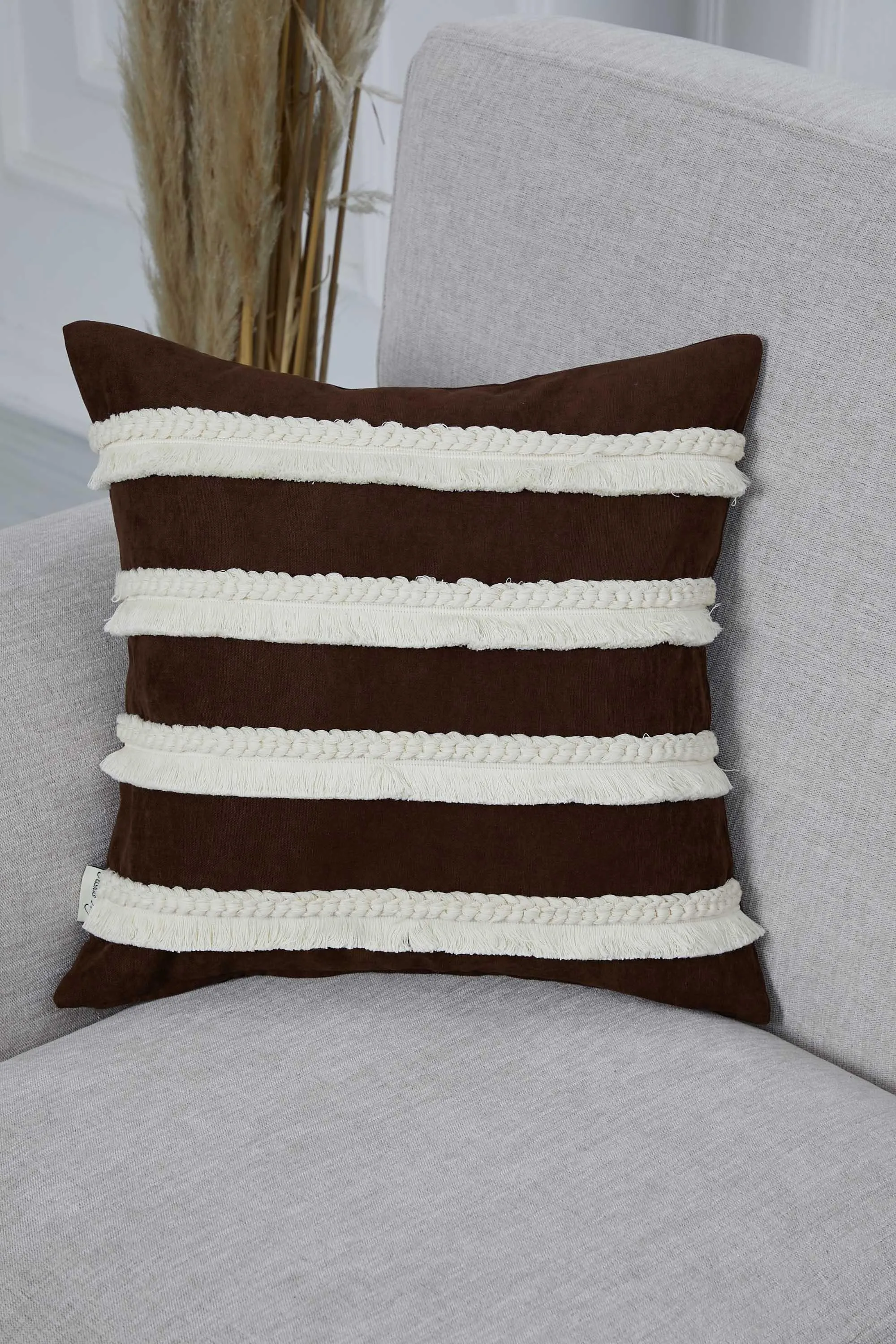 Decorative Throw Pillow Cover with Hand Knitted Fringes, 18x18 Inches Striped Design Throw Pillow Cover, Two Coloured Cushion Cover,K-286