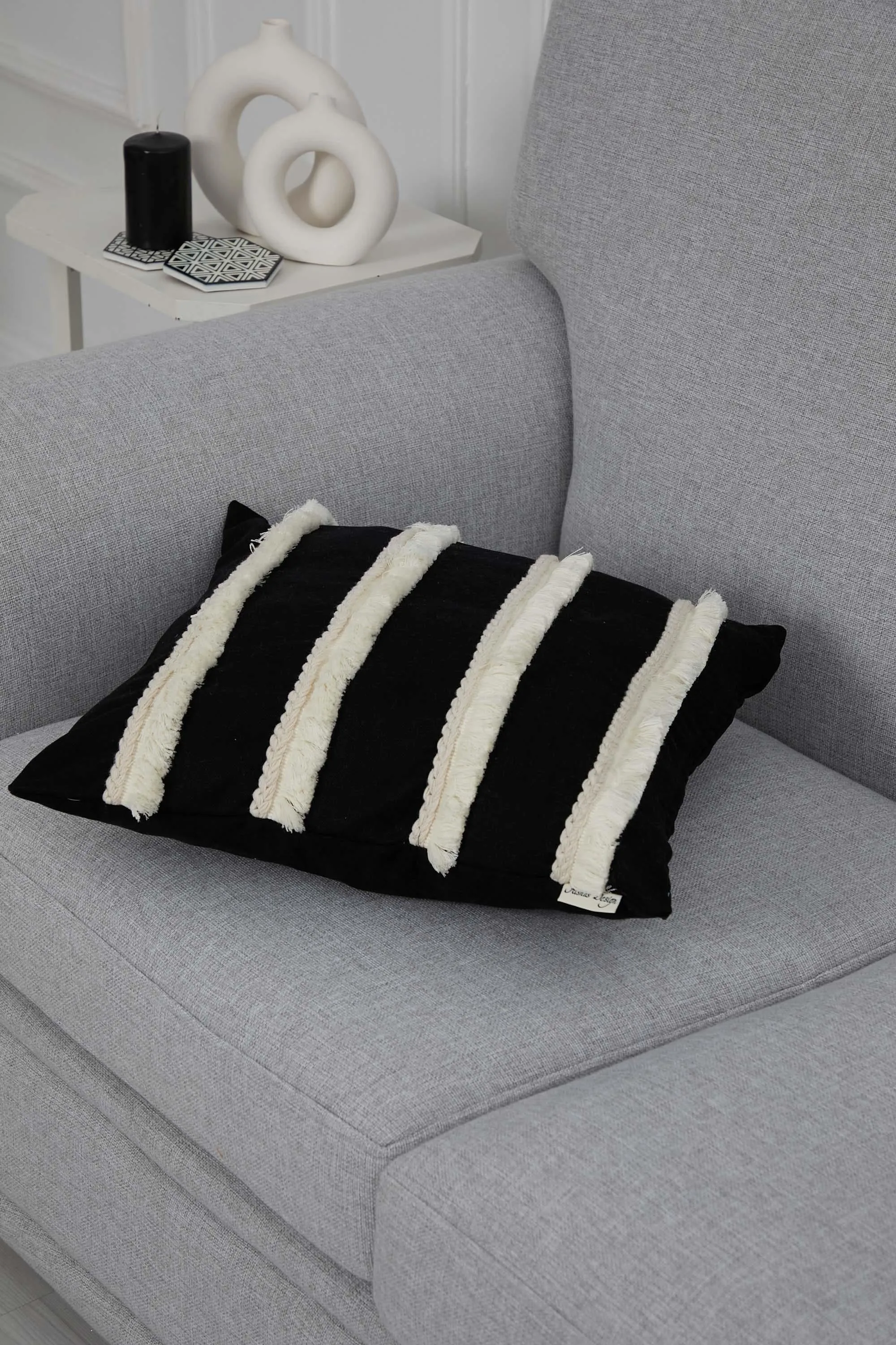 Decorative Throw Pillow Cover with Hand Knitted Fringes, 18x18 Inches Striped Design Throw Pillow Cover, Two Coloured Cushion Cover,K-286