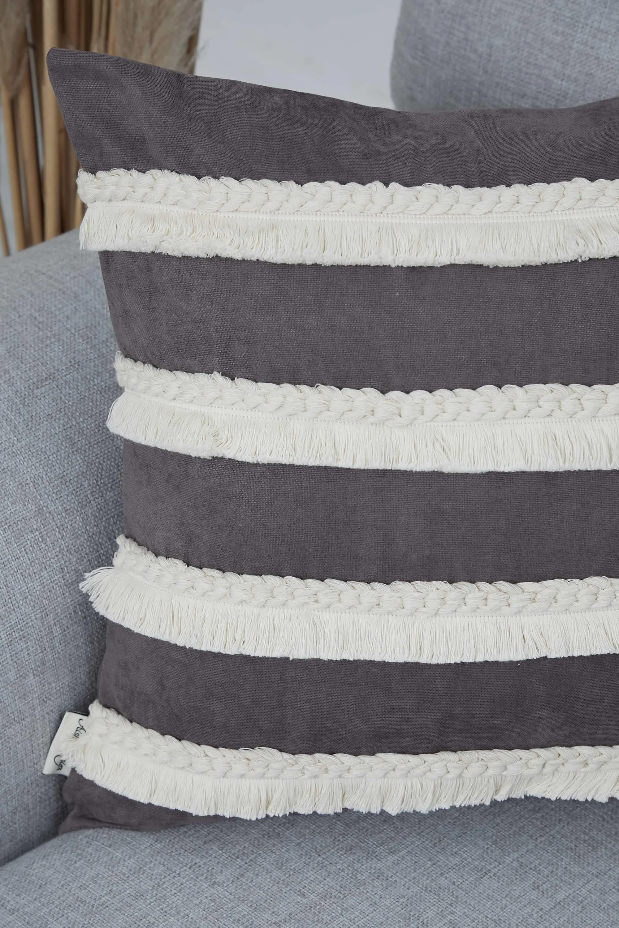 Decorative Throw Pillow Cover with Hand Knitted Fringes, 18x18 Inches Striped Design Throw Pillow Cover, Two Coloured Cushion Cover,K-286