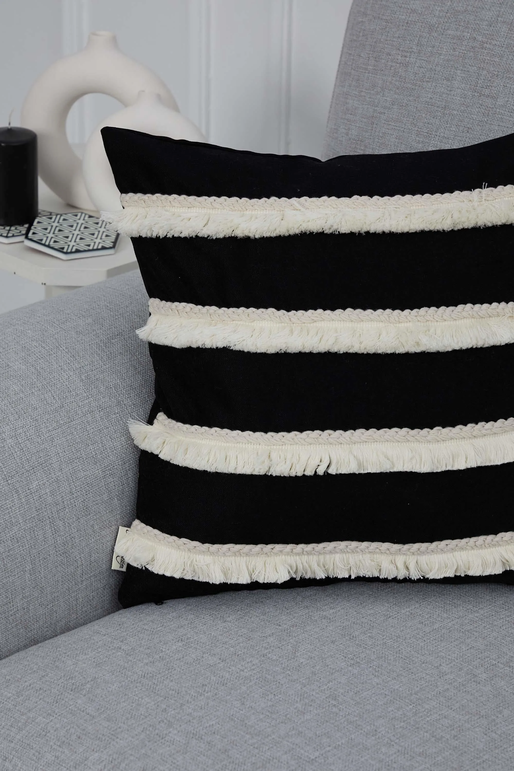 Decorative Throw Pillow Cover with Hand Knitted Fringes, 18x18 Inches Striped Design Throw Pillow Cover, Two Coloured Cushion Cover,K-286