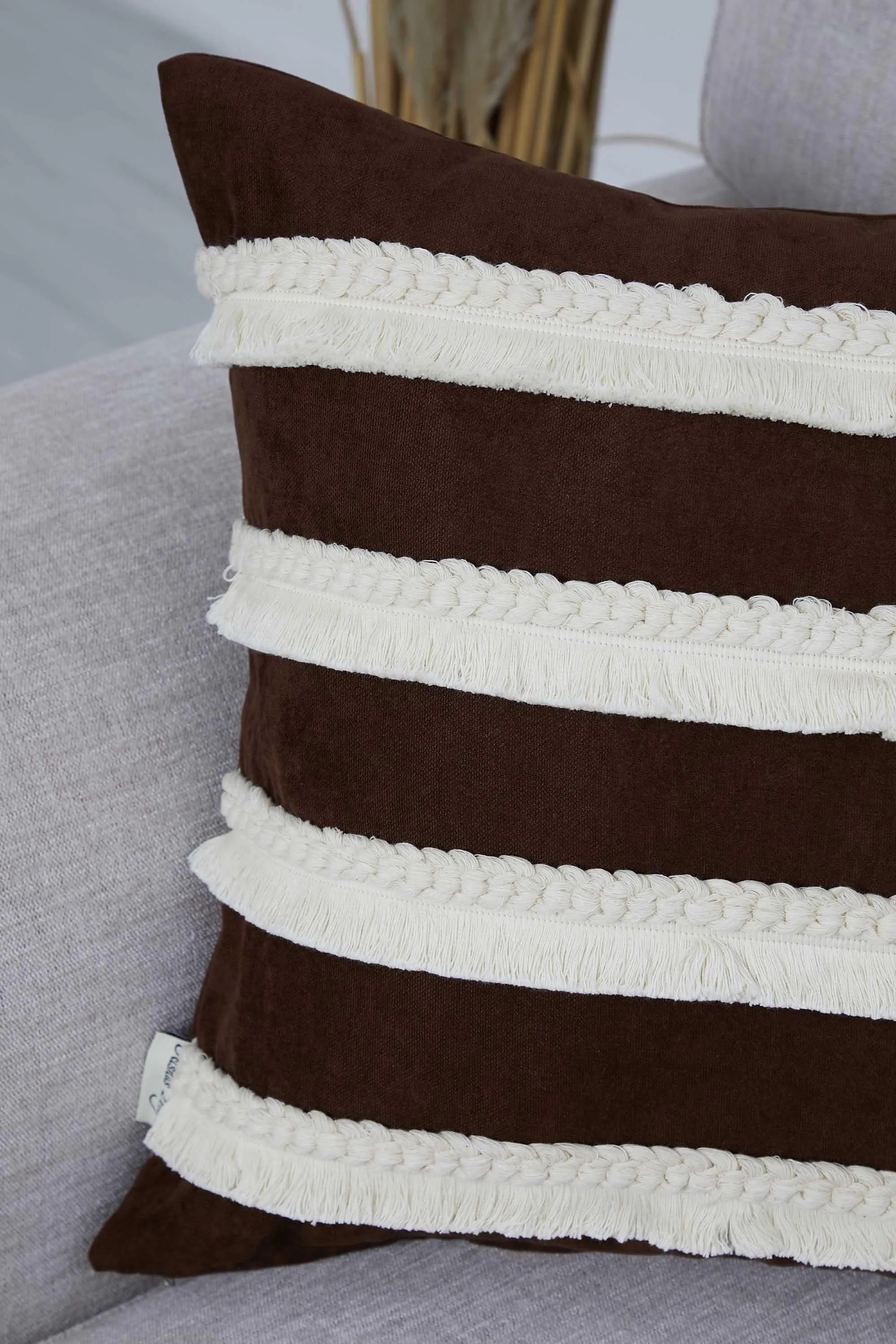 Decorative Throw Pillow Cover with Hand Knitted Fringes, 18x18 Inches Striped Design Throw Pillow Cover, Two Coloured Cushion Cover,K-286