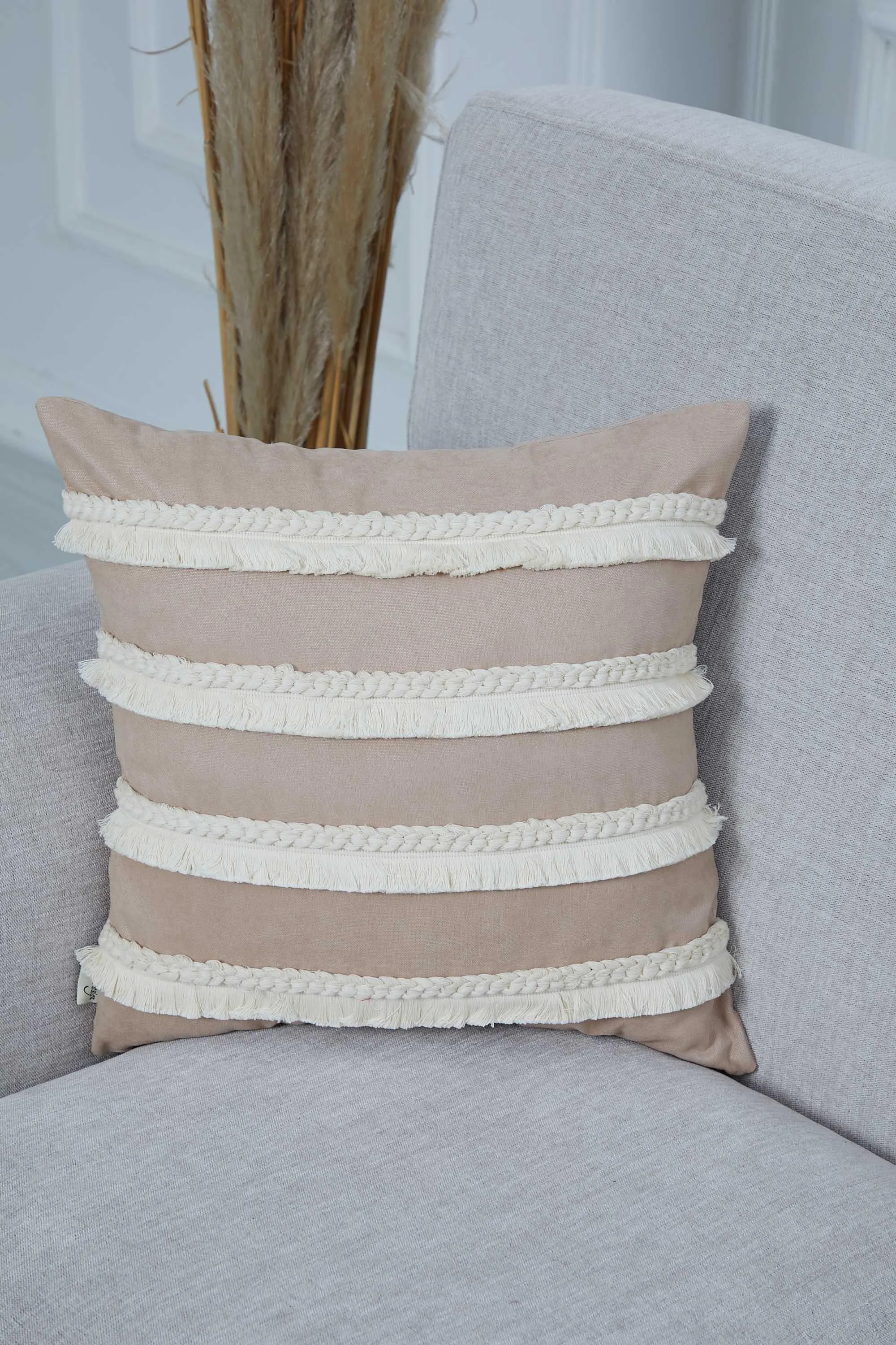 Decorative Throw Pillow Cover with Hand Knitted Fringes, 18x18 Inches Striped Design Throw Pillow Cover, Two Coloured Cushion Cover,K-286