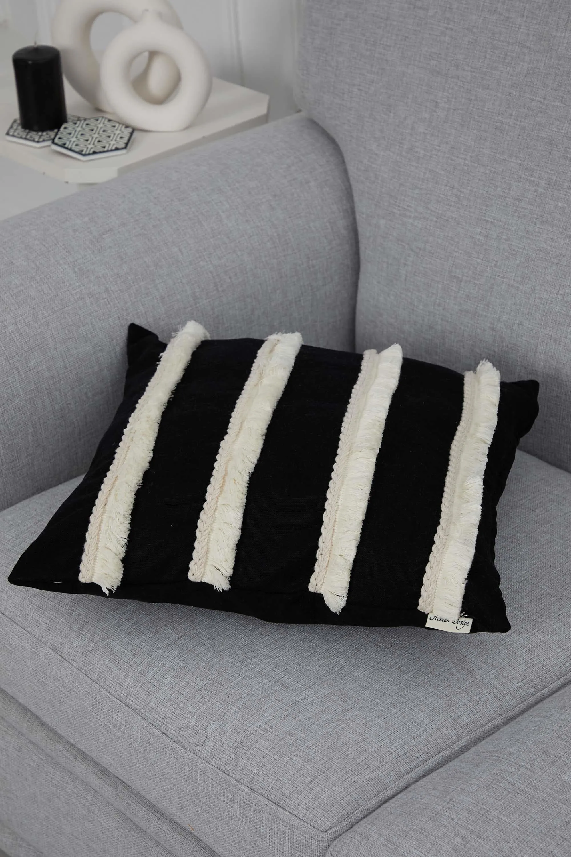 Decorative Throw Pillow Cover with Hand Knitted Fringes, 18x18 Inches Striped Design Throw Pillow Cover, Two Coloured Cushion Cover,K-286