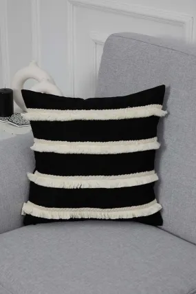 Decorative Throw Pillow Cover with Hand Knitted Fringes, 18x18 Inches Striped Design Throw Pillow Cover, Two Coloured Cushion Cover,K-286
