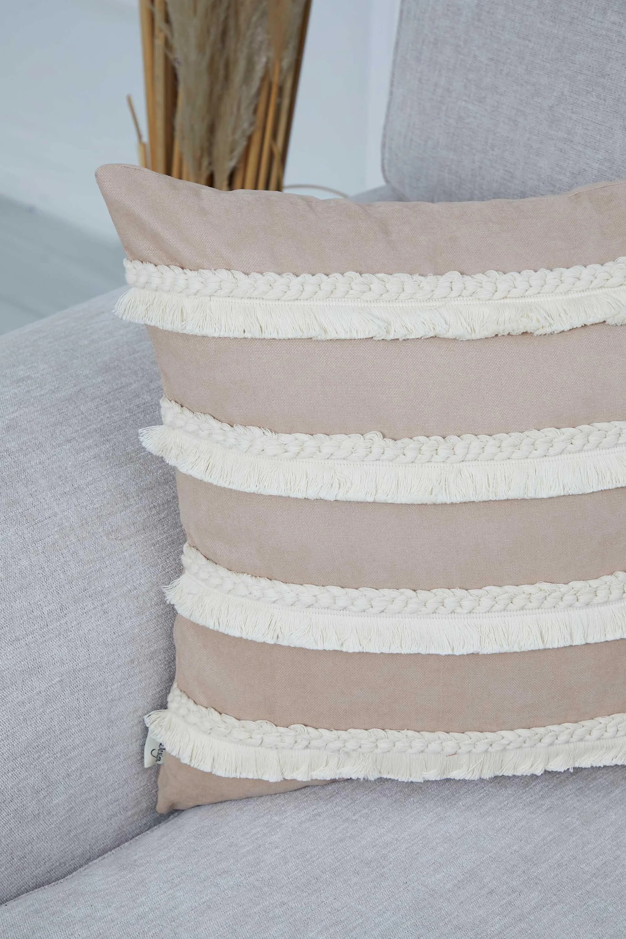 Decorative Throw Pillow Cover with Hand Knitted Fringes, 18x18 Inches Striped Design Throw Pillow Cover, Two Coloured Cushion Cover,K-286