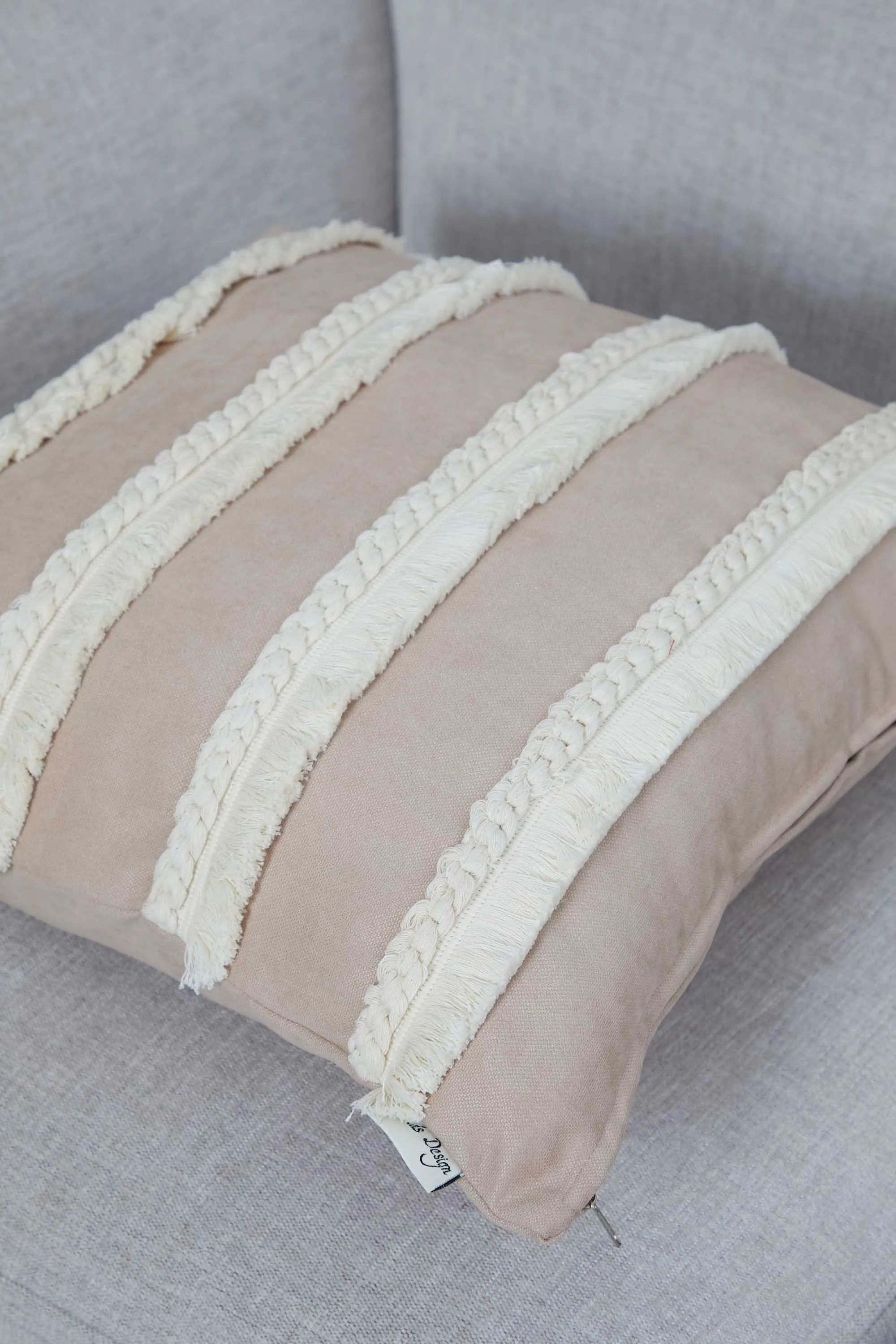 Decorative Throw Pillow Cover with Hand Knitted Fringes, 18x18 Inches Striped Design Throw Pillow Cover, Two Coloured Cushion Cover,K-286