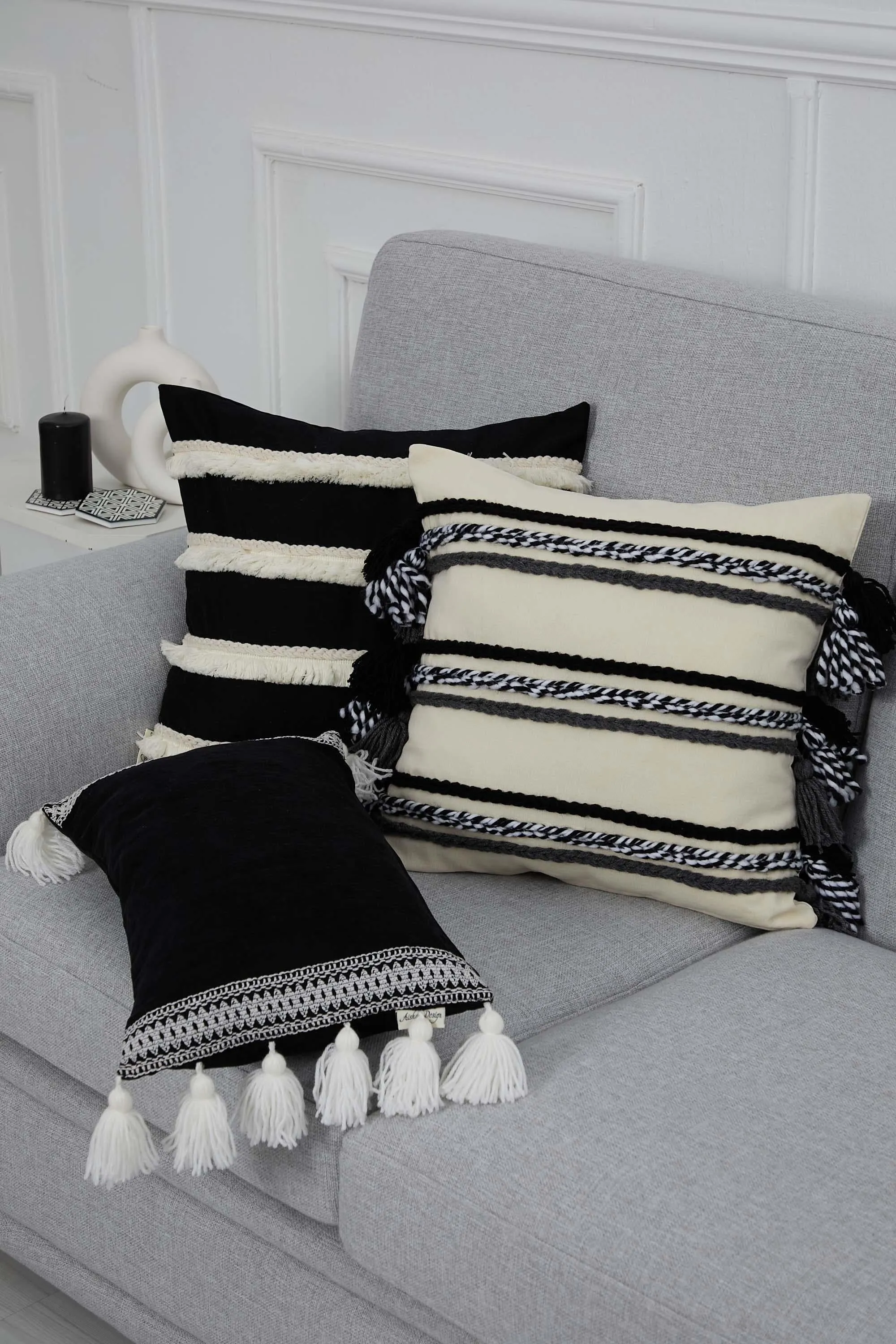 Decorative Throw Pillow Cover with Hand Knitted Fringes, 18x18 Inches Striped Design Throw Pillow Cover, Two Coloured Cushion Cover,K-286