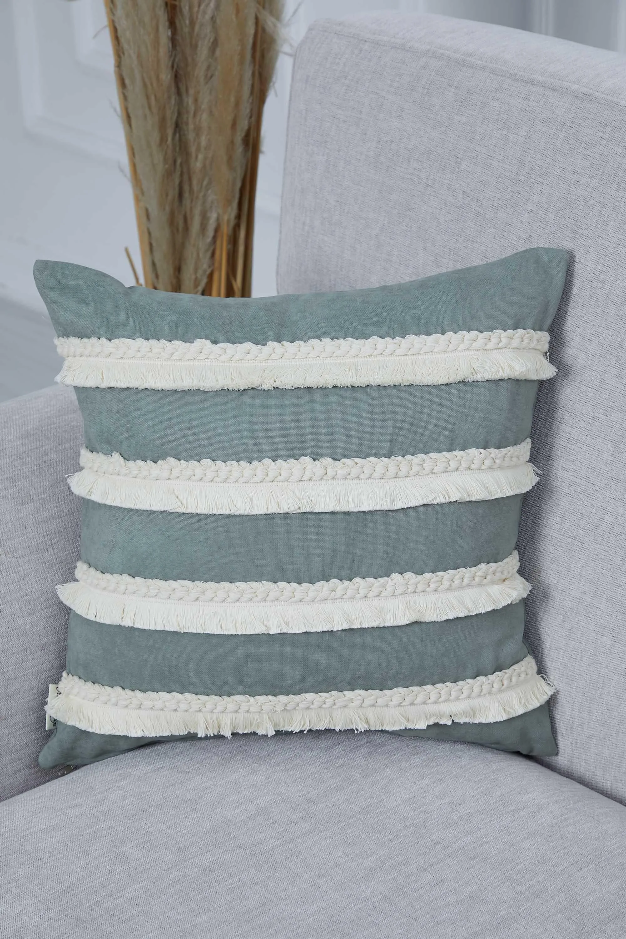 Decorative Throw Pillow Cover with Hand Knitted Fringes, 18x18 Inches Striped Design Throw Pillow Cover, Two Coloured Cushion Cover,K-286