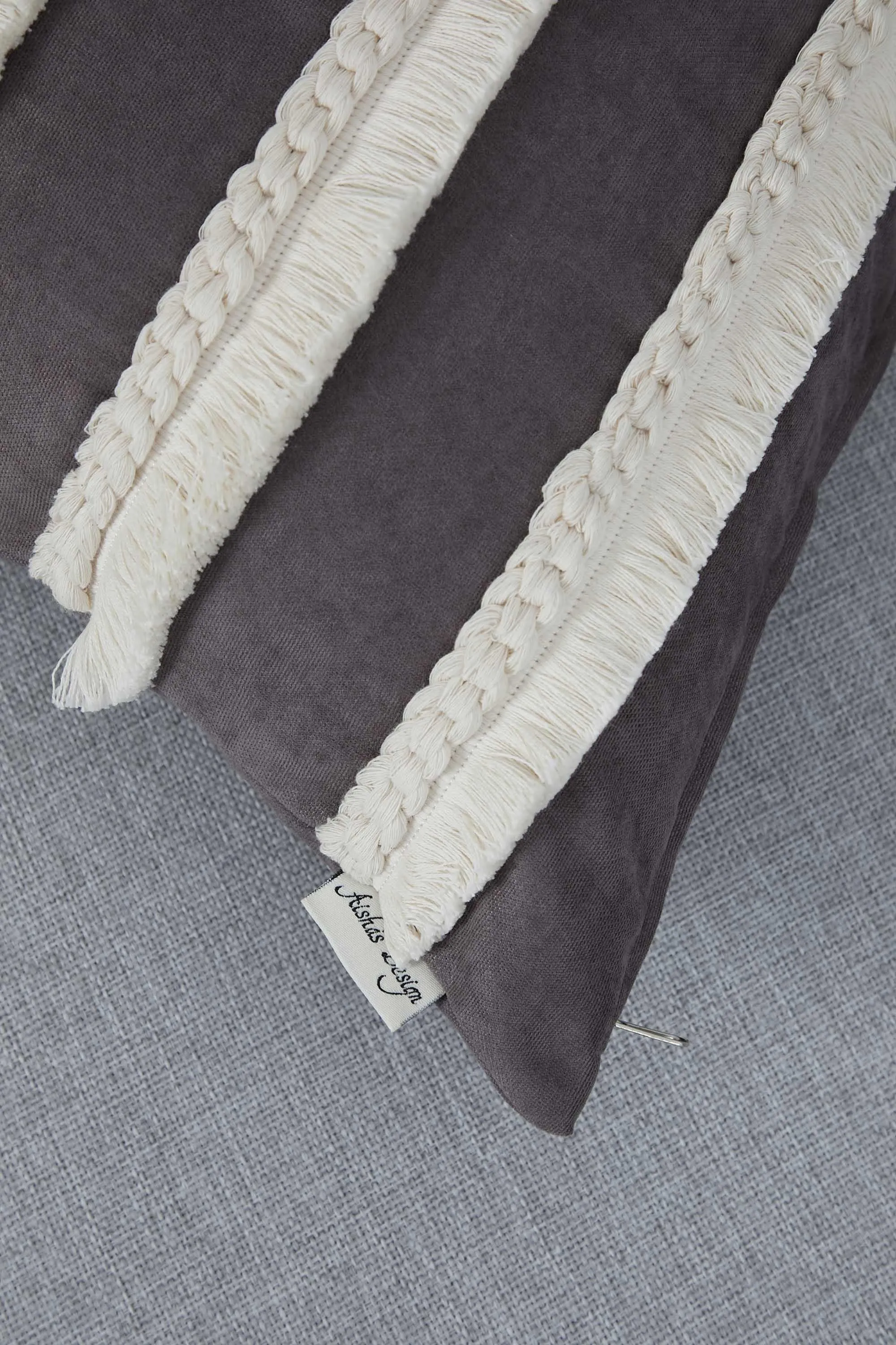 Decorative Throw Pillow Cover with Hand Knitted Fringes, 18x18 Inches Striped Design Throw Pillow Cover, Two Coloured Cushion Cover,K-286