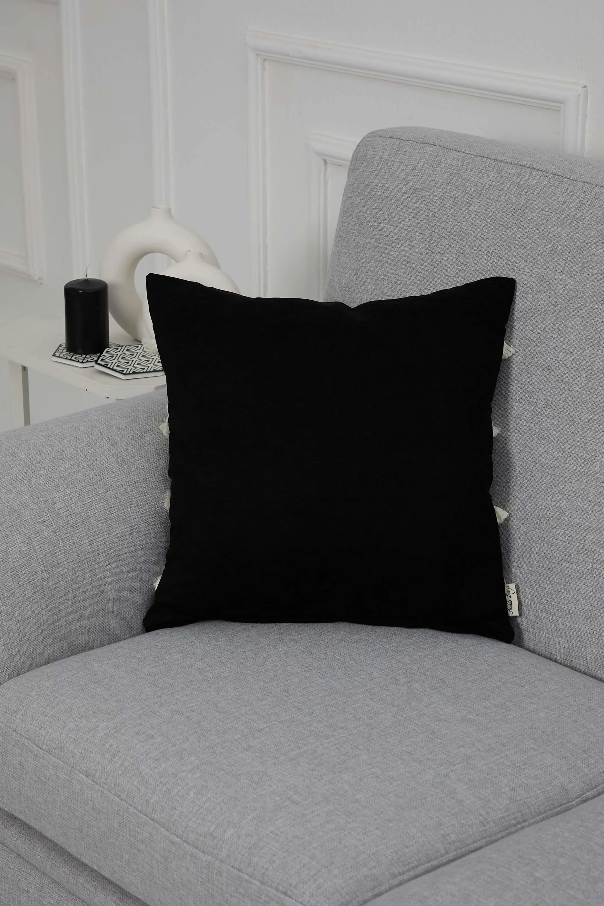 Decorative Throw Pillow Cover with Hand Knitted Fringes, 18x18 Inches Striped Design Throw Pillow Cover, Two Coloured Cushion Cover,K-286