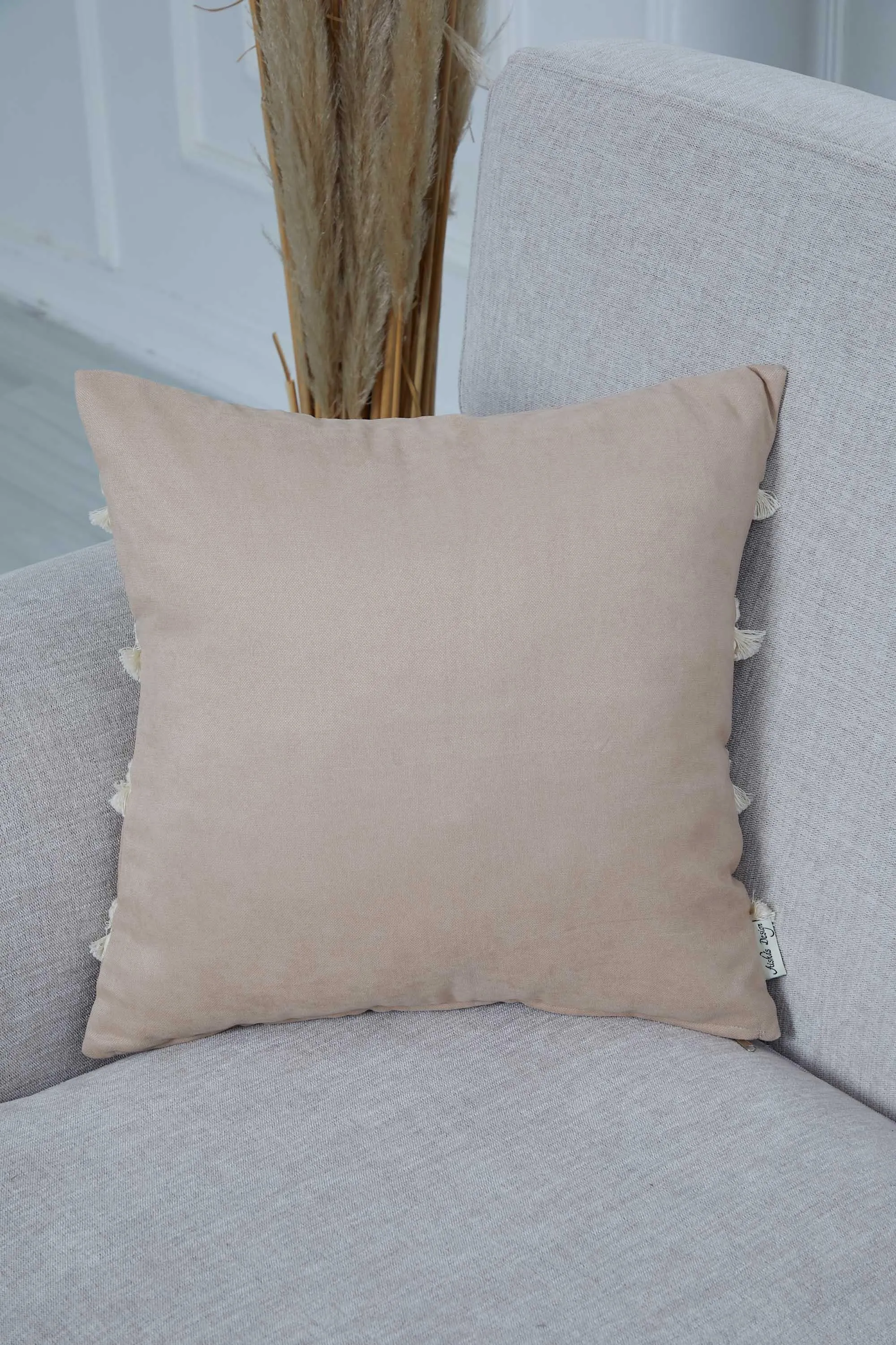 Decorative Throw Pillow Cover with Hand Knitted Fringes, 18x18 Inches Striped Design Throw Pillow Cover, Two Coloured Cushion Cover,K-286