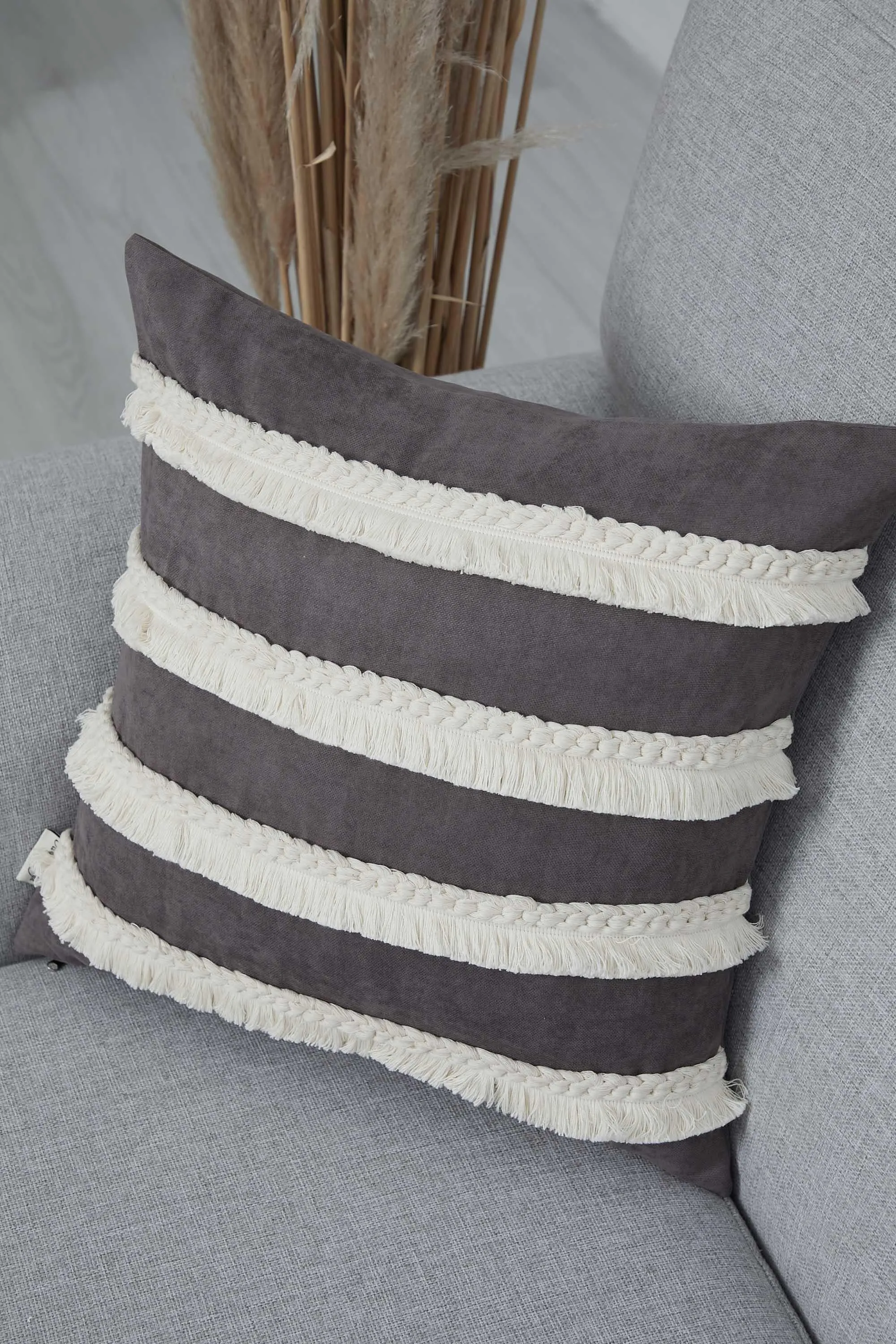 Decorative Throw Pillow Cover with Hand Knitted Fringes, 18x18 Inches Striped Design Throw Pillow Cover, Two Coloured Cushion Cover,K-286