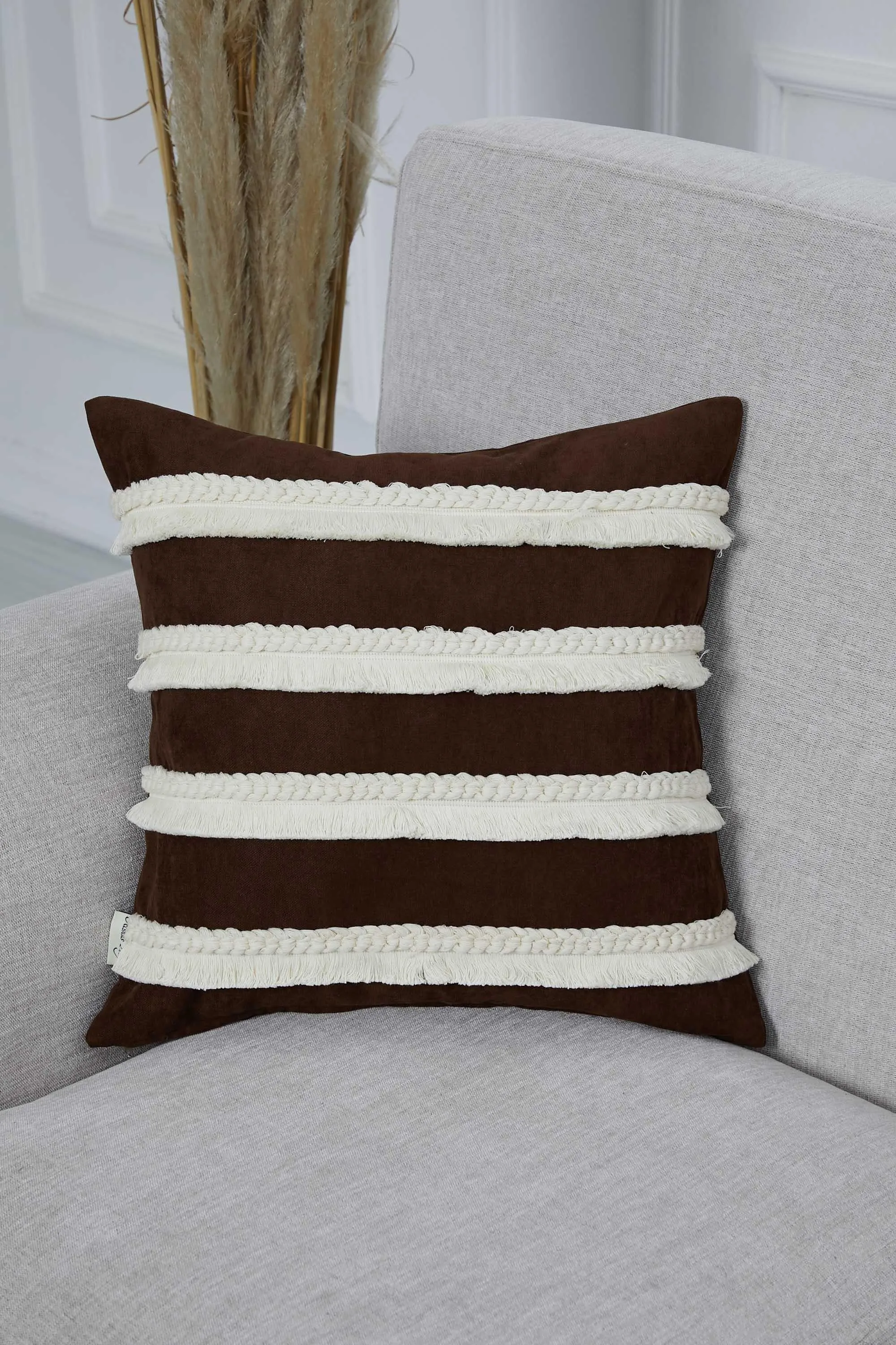 Decorative Throw Pillow Cover with Hand Knitted Fringes, 18x18 Inches Striped Design Throw Pillow Cover, Two Coloured Cushion Cover,K-286
