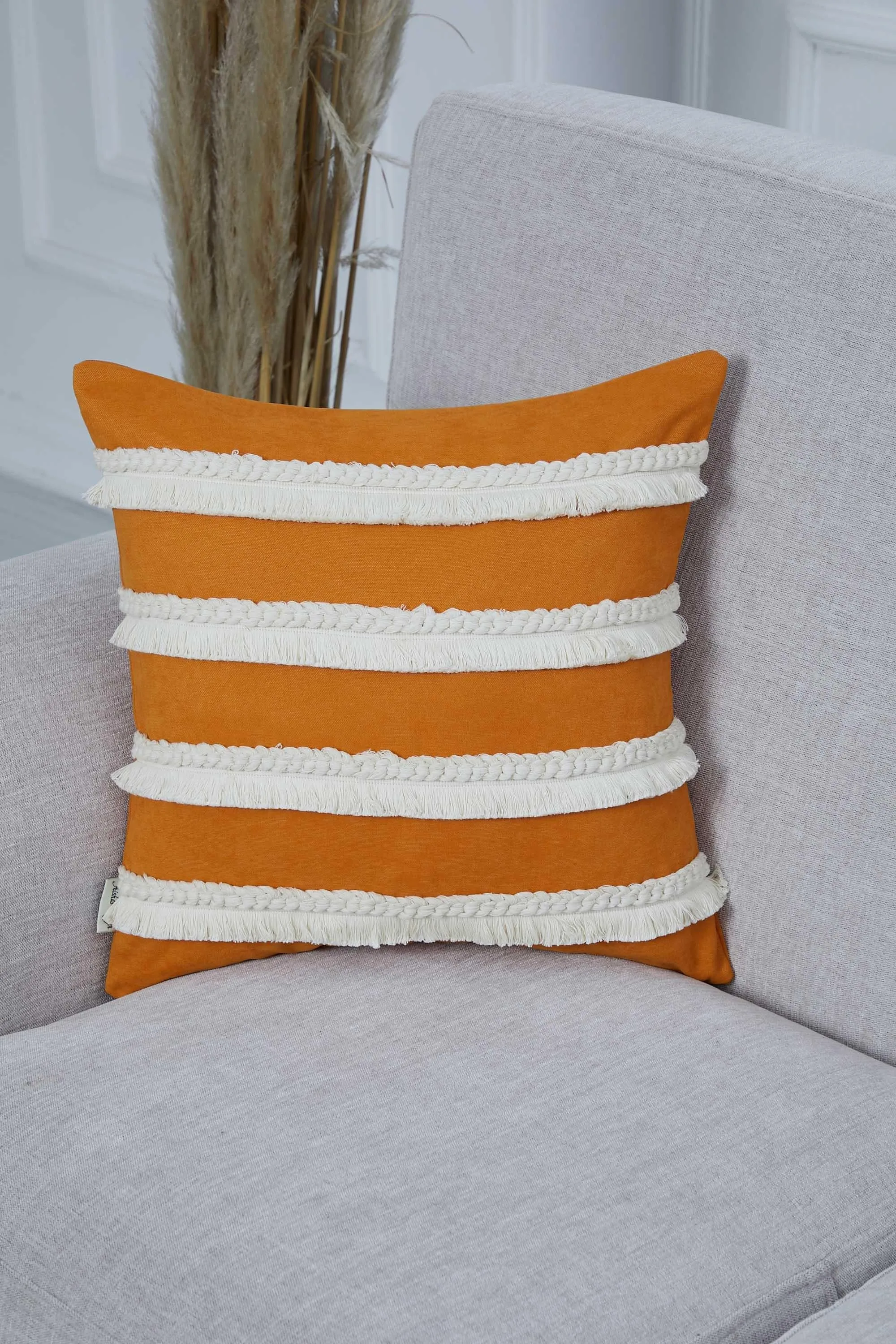 Decorative Throw Pillow Cover with Hand Knitted Fringes, 18x18 Inches Striped Design Throw Pillow Cover, Two Coloured Cushion Cover,K-286