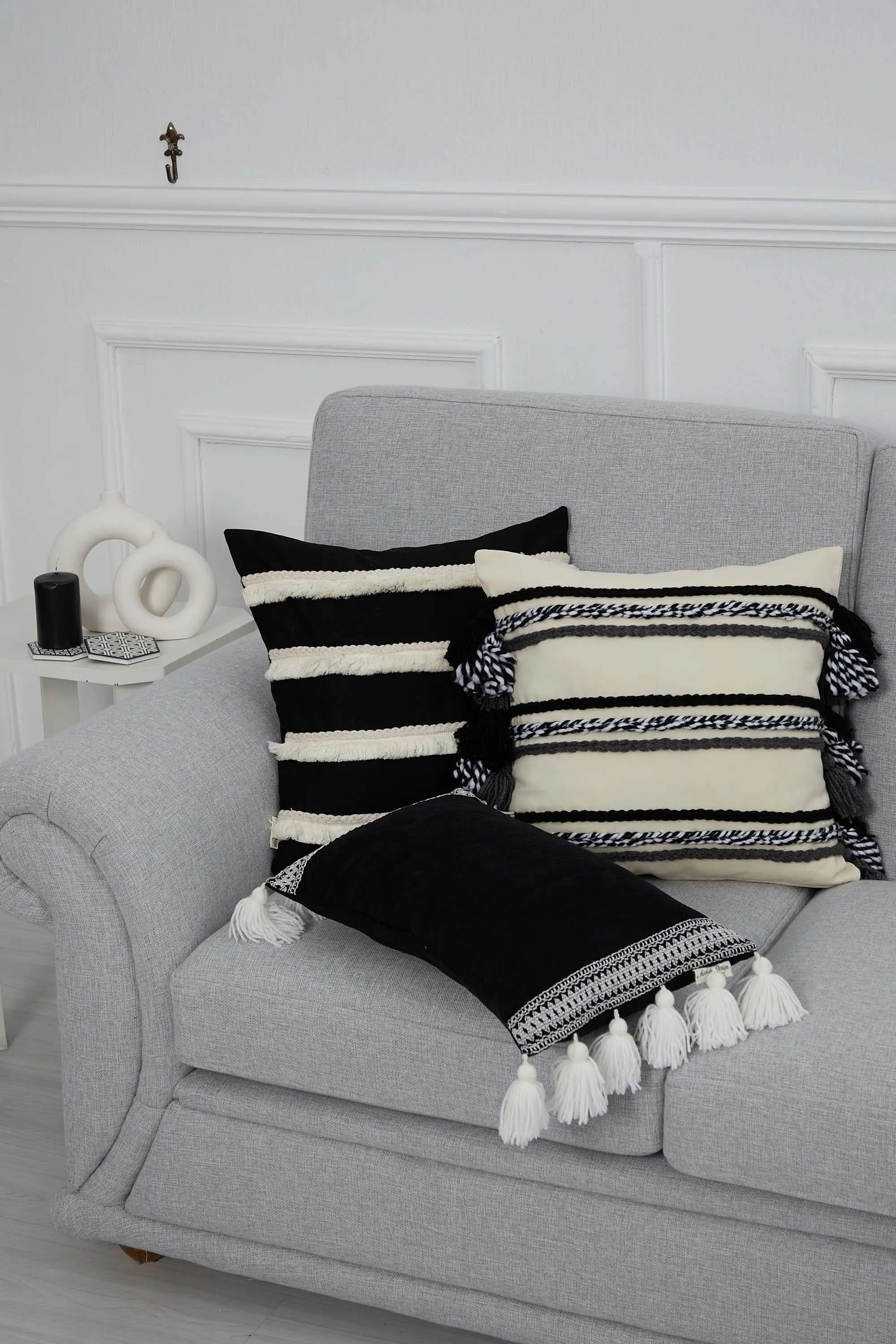 Decorative Throw Pillow Cover with Hand Knitted Fringes, 18x18 Inches Striped Design Throw Pillow Cover, Two Coloured Cushion Cover,K-286