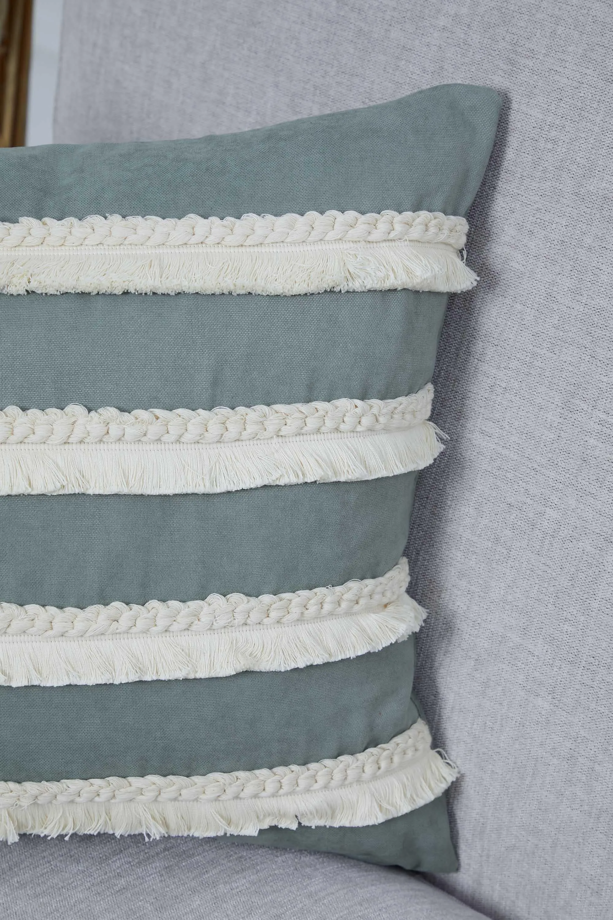 Decorative Throw Pillow Cover with Hand Knitted Fringes, 18x18 Inches Striped Design Throw Pillow Cover, Two Coloured Cushion Cover,K-286