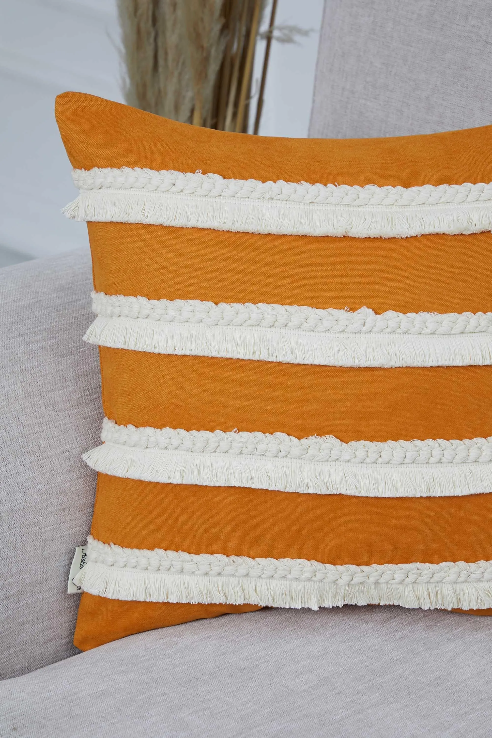 Decorative Throw Pillow Cover with Hand Knitted Fringes, 18x18 Inches Striped Design Throw Pillow Cover, Two Coloured Cushion Cover,K-286