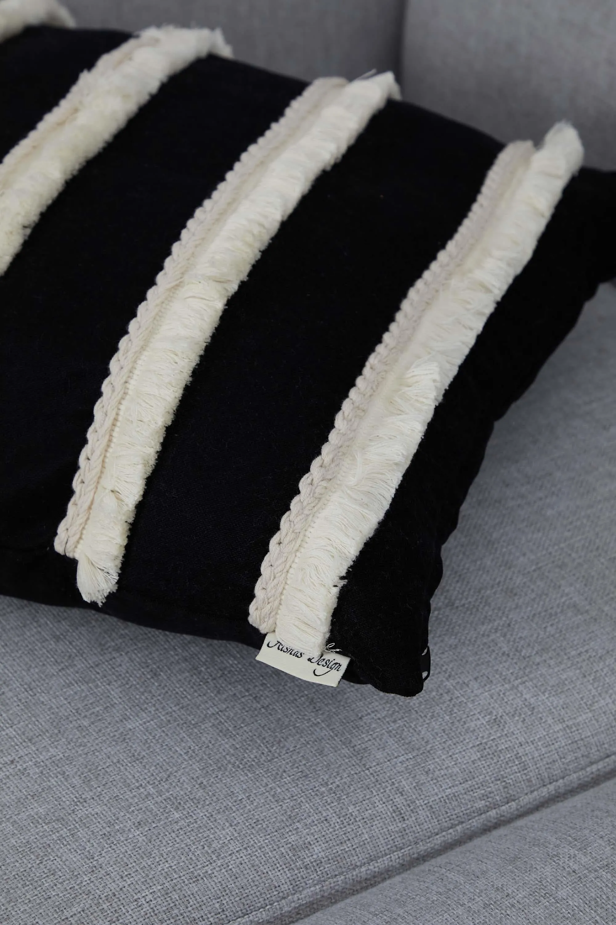 Decorative Throw Pillow Cover with Hand Knitted Fringes, 18x18 Inches Striped Design Throw Pillow Cover, Two Coloured Cushion Cover,K-286
