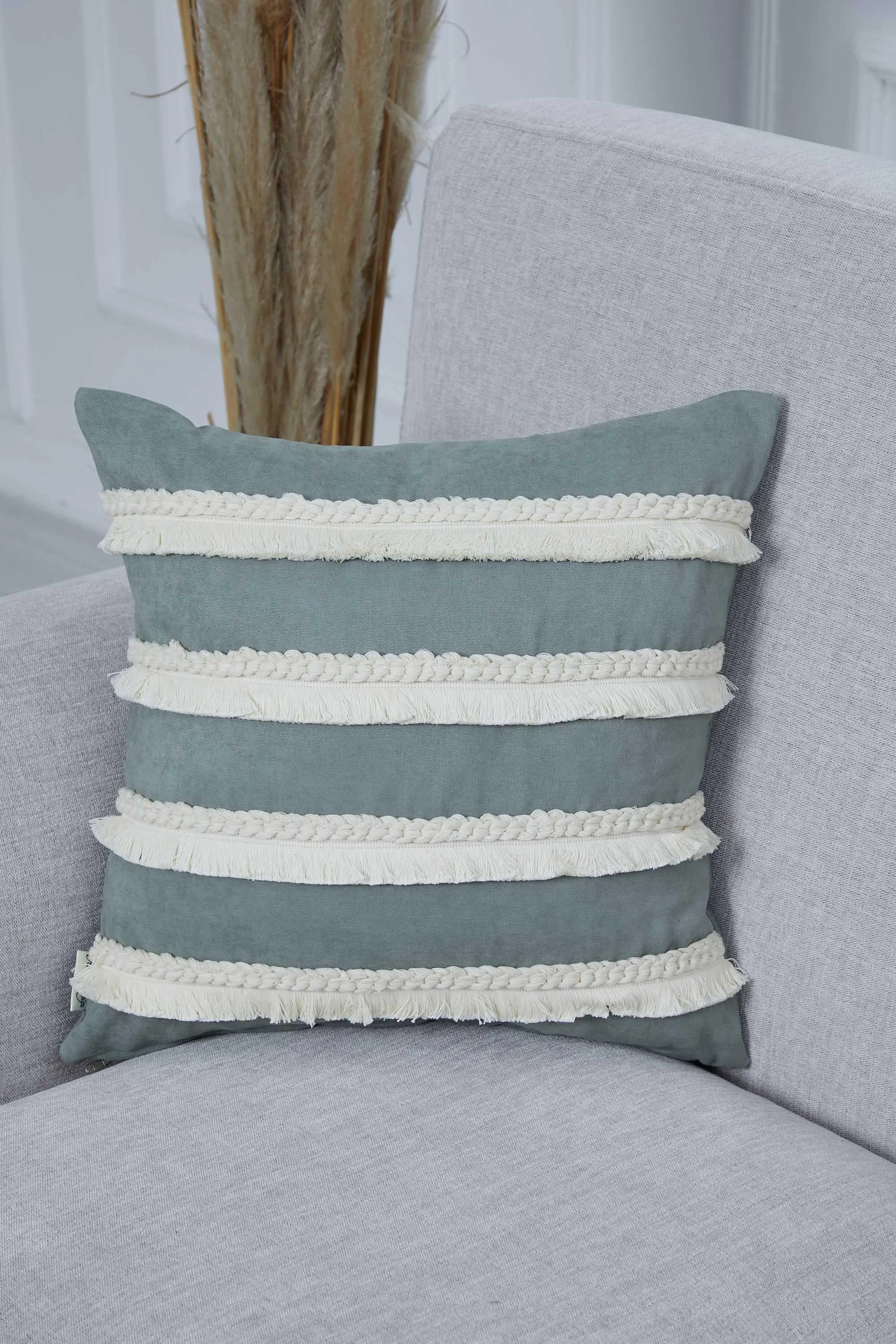 Decorative Throw Pillow Cover with Hand Knitted Fringes, 18x18 Inches Striped Design Throw Pillow Cover, Two Coloured Cushion Cover,K-286