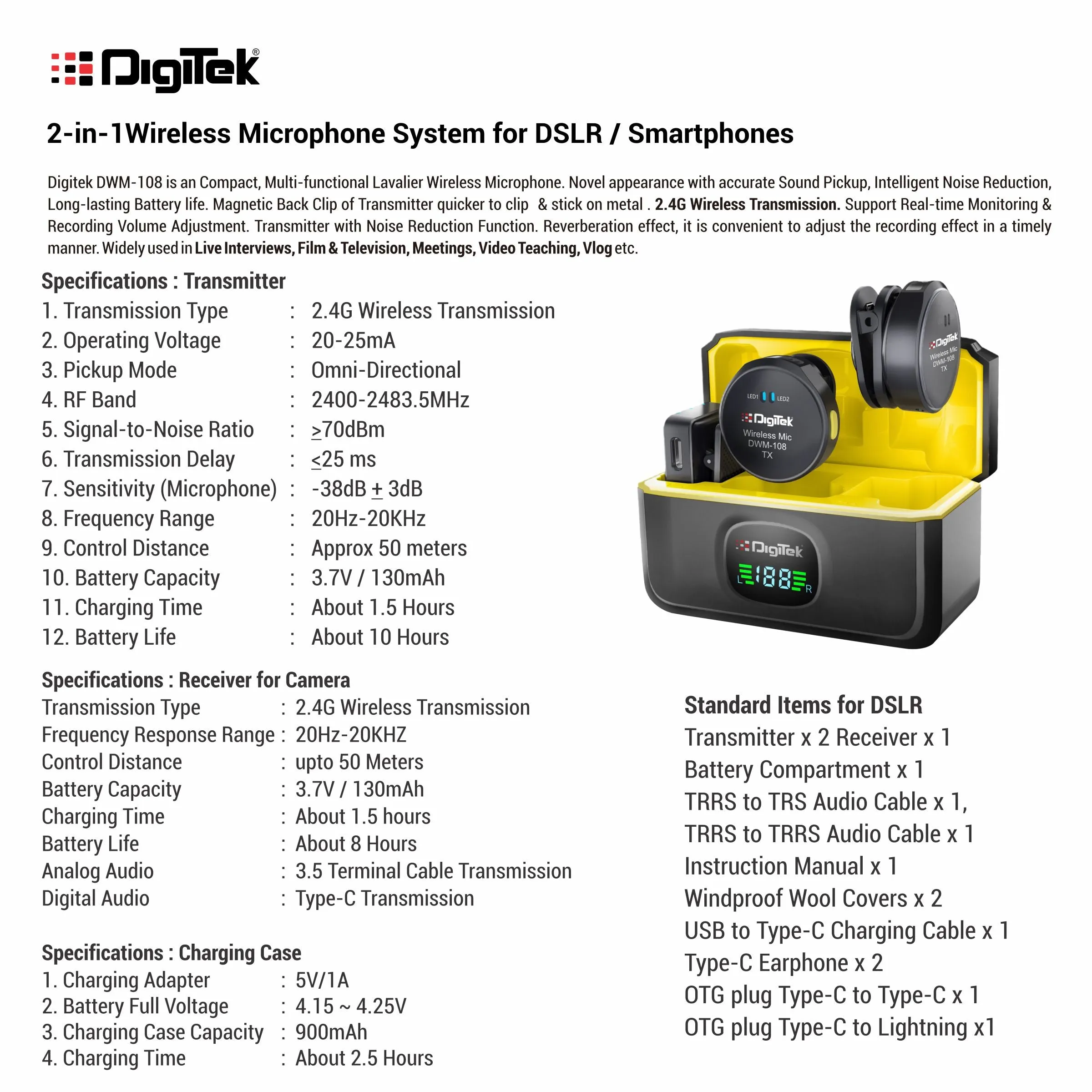 Digitek (DWM-108) 2-in-1 Wireless Microphone System, 360° Sound Capture, 50m Range, 10Hr Battery, Noise Cancellation, For DSLR, Android, iOS, Laptops, Perfect for Vlogging, Interviews & Videoshoots